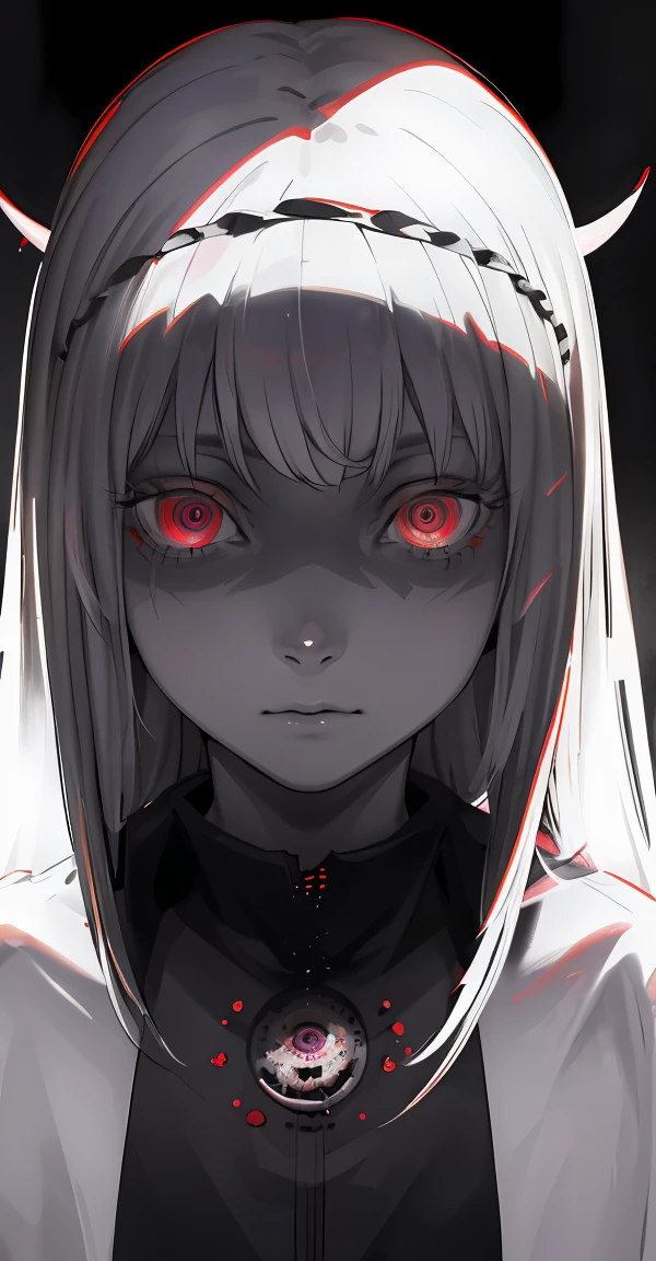 (obra maestra, La mejor calidad), fondo, (horror), miedo, horror, sangre, Llorosos, Mujer, blanco y negro, ((ojos rojos)) high resolution ultra detailed realistic shadow glowing eyes circular pupils defocused background,