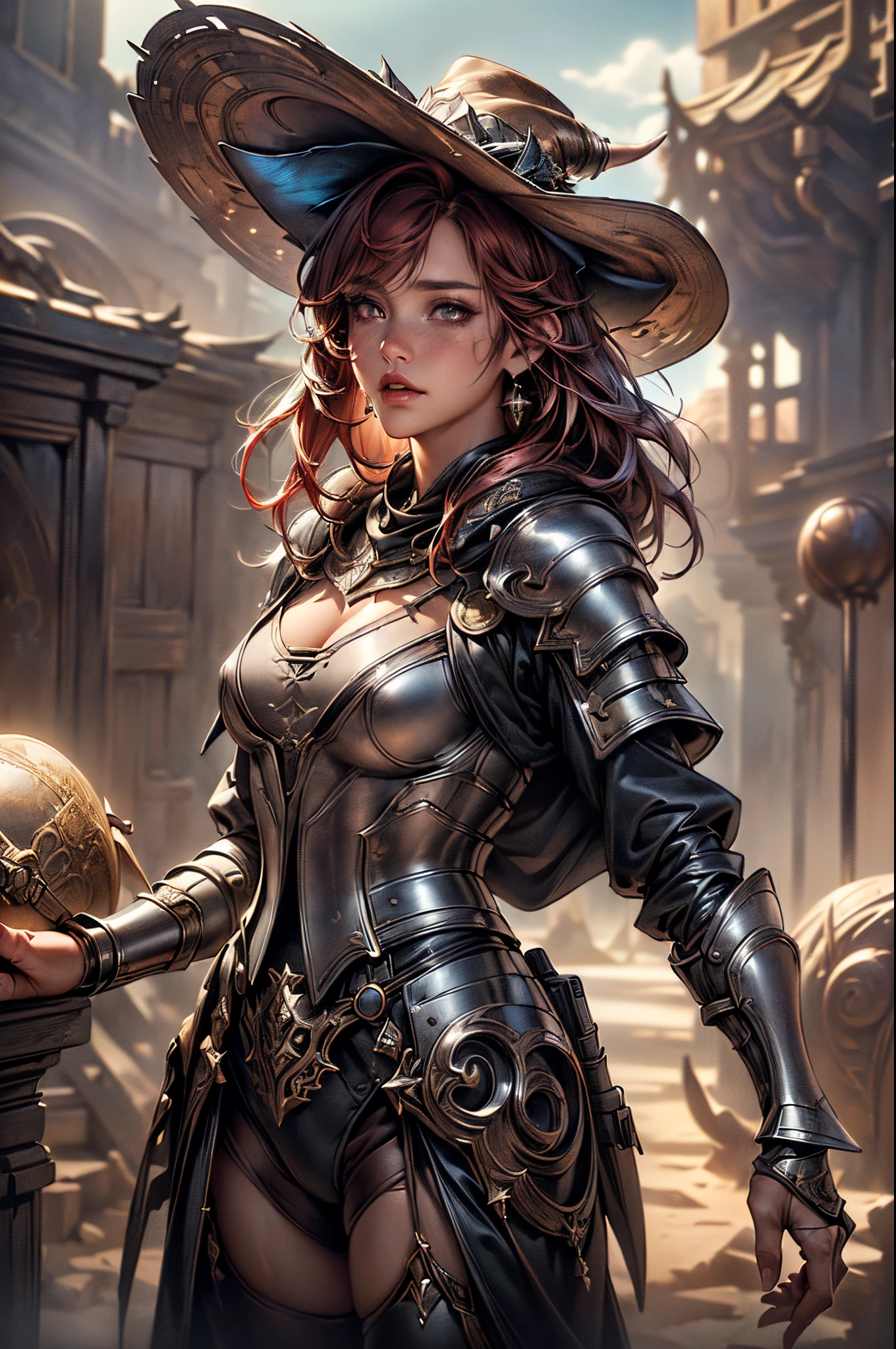 (A beautiful girl wearing a full poncho over full medieval armor and using a fancy cowboy hat:1.3) ((best quality)), ((masterpiece)), (detailed), (fantasy illustration:1.3),high noon, soft colors, (detailed cloudscape:1.3), (high-resolution:1.2)Ray Tracing, NVIDIA RTX, Super-Resolution, Subsurface Scattering, Anisotropic Filtering, Depth-Of-Field ,Maximum Clarity And Sharpness, Surface Shading, Two-Tone Lighting, (ultra high res,photorealistic,best quality,photo-realistic),(8k,raw photo,best quality,masterplece),(photon mapping,radiosity,physically-based rendering,automatic white balance) flawless, 8k, RAW, highres,absurdres, succubus, ethereal beauty, enchanting gaze, captivating gaze, otherworldy charm, (Luis Royo:1.2), (Yoshitaka Amano:1.1), ,(masterpiece, best quality, detailed shiny skin:1.2), flawless, 8k, RAW, highres,absurdres,2D Beautiful Girl，detail-rich，Dark matted clothing, red hair, full lips,