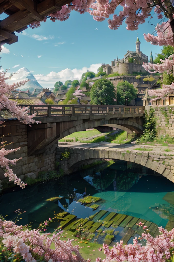 fantasy isekai, medieval town, beautiful landscape, bright day time, blue skies. Huge Sakura Tree in the center of city. Large kingdom and castle at the end of the city, Top view of the city, citizens doing daily chores and pedestrian,