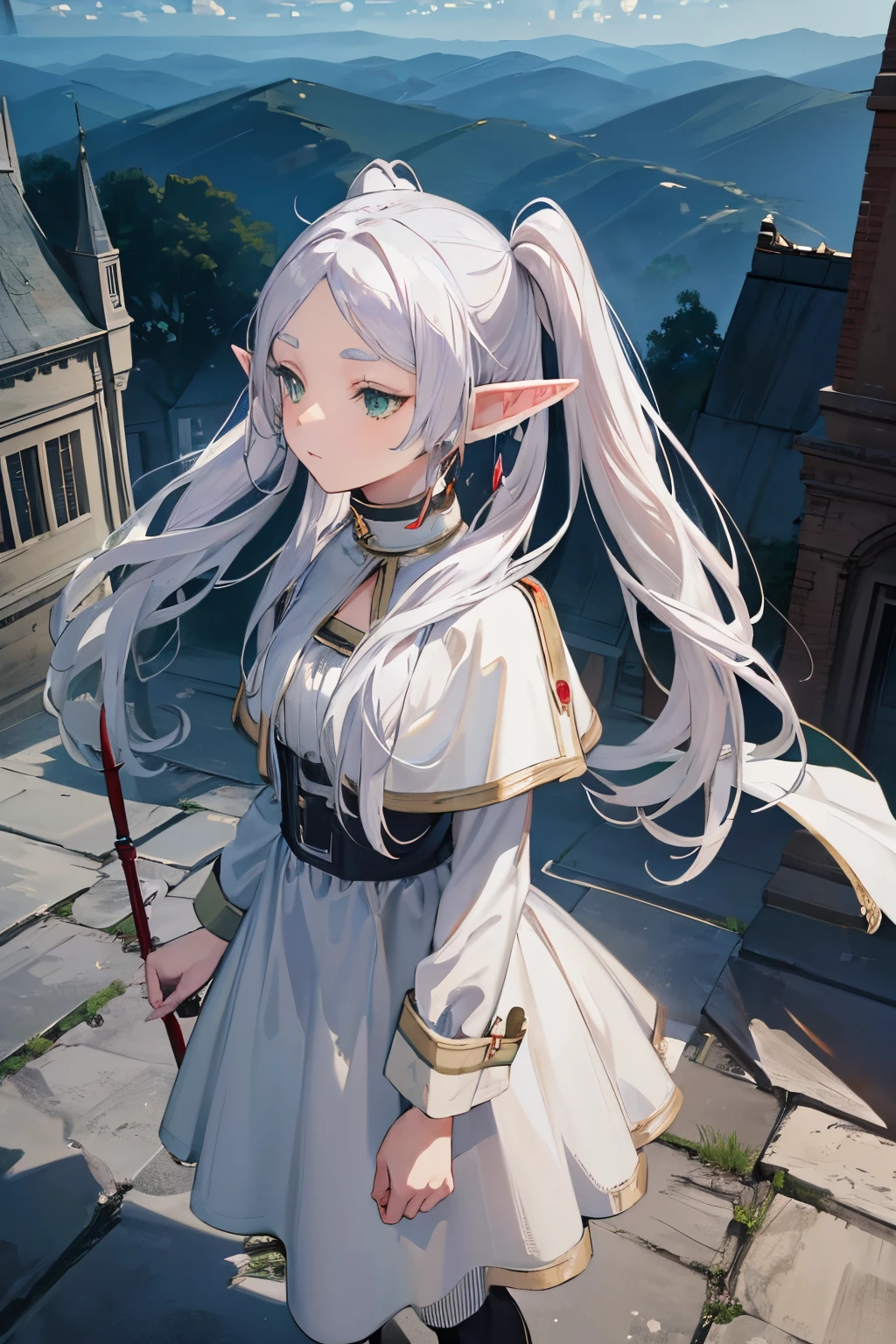 ((Frieren)), ((Masterpiece)), (highly saturated), (High Definition:1.3), (from above), (Professional Photography:1.2), (cinematic lighting), 1girl, solo, (flat body), walking, beautiful, elf, pointy ears, white hair, (long twintails), green eyes, white dress, white cape, magician staff, magic, magic circle, (ragged ruins), cityscape, cloudy sky,