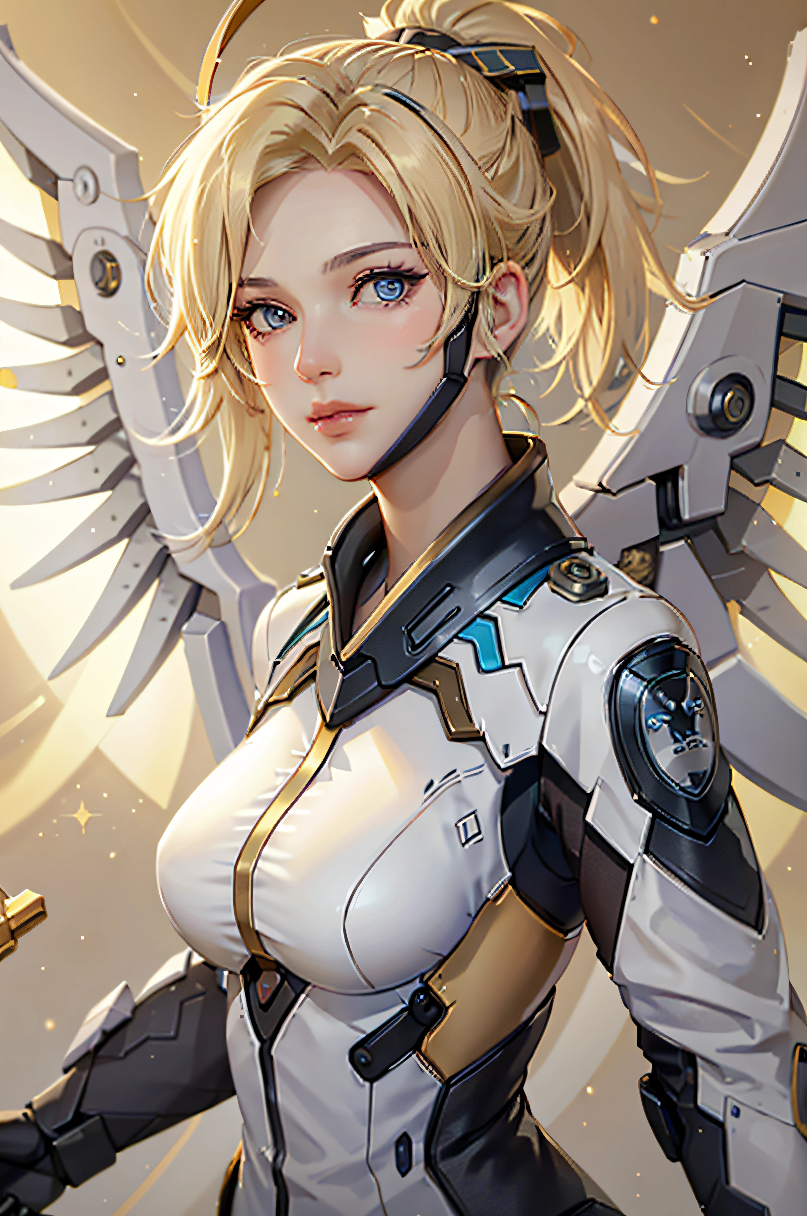 ((face portrait)), MercyOver, 1girl, mercy (overwatch), mechanical wings, mechanical halo, solo, blonde hair, wings, blue eyes, halo, staff, yellow wings, breasts, bodysuit, holding,, lips, looking at viewer, holding staff, medium breasts, spread wings, glowing wings, nose, high ponytail, ponytail, light particles, glitter, fantasy backgrounds, standing, upper body portrait, looking at the viewer,