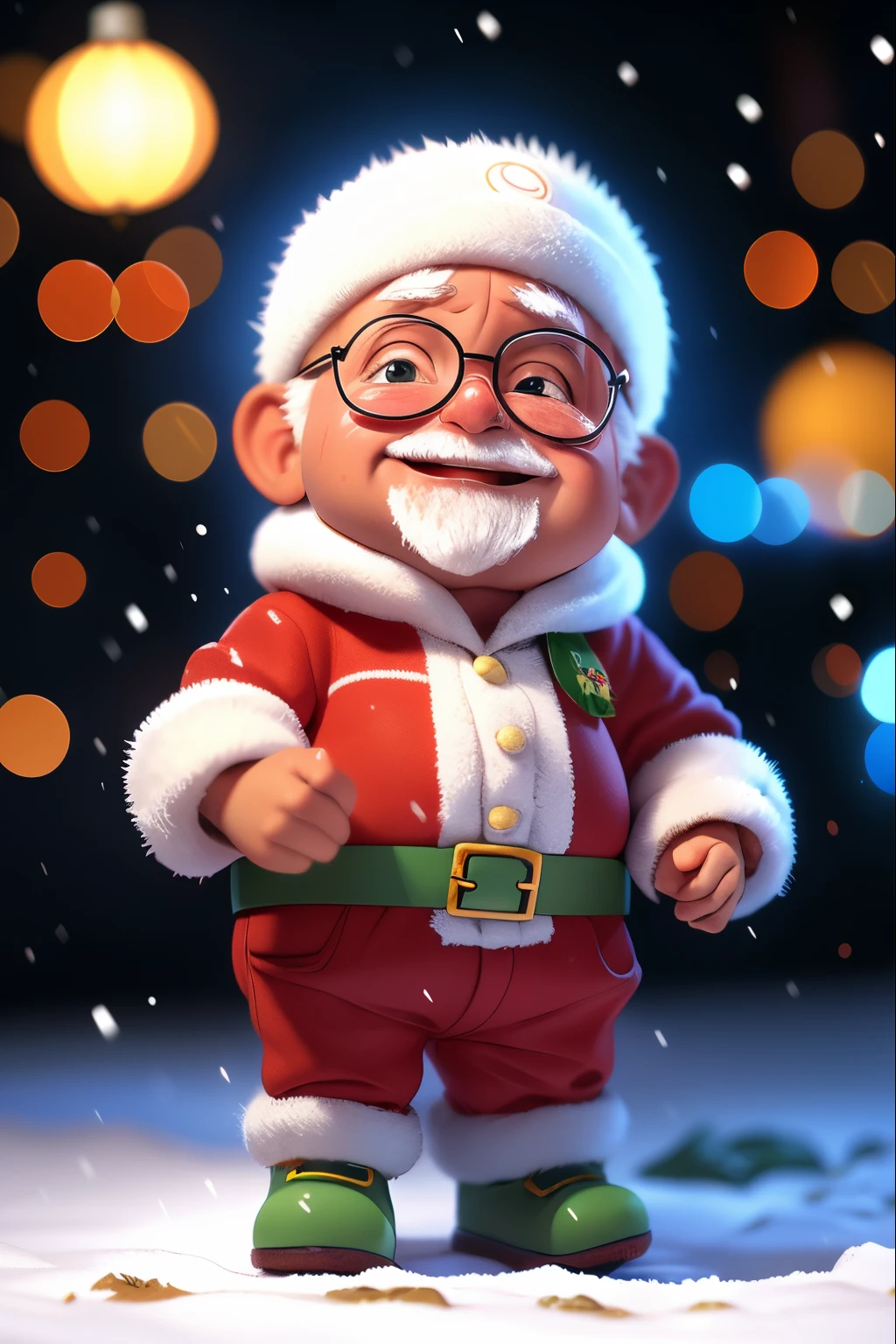 Papai Noel alegremente carregando presentes、Santa Claus is an elderly man with generous features. etilo pixar elas nos olhos(Kirira)、De olho、rir、Sapatos vermelhos bonitos、foco nítido, ultra detalhe, luz radiante、bio luminescente、paisagem de neve、It's snowing、Passeios de Snowboard、Desenhe um grande floco de neve em primeiro plano、tirado do lado、Efeito bokeh mais forte