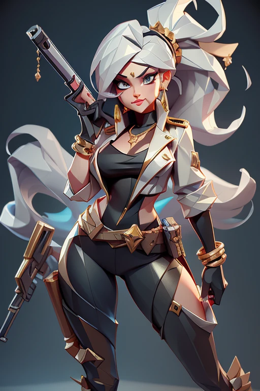 blender, 3d model, low poly geometry, sexy pirat woman sticking tongue out of her mouth, with a gun in her hand, wearing black lather leggings, wearing a lot of golden jewellery on her wrists, masterpiece, silver hair