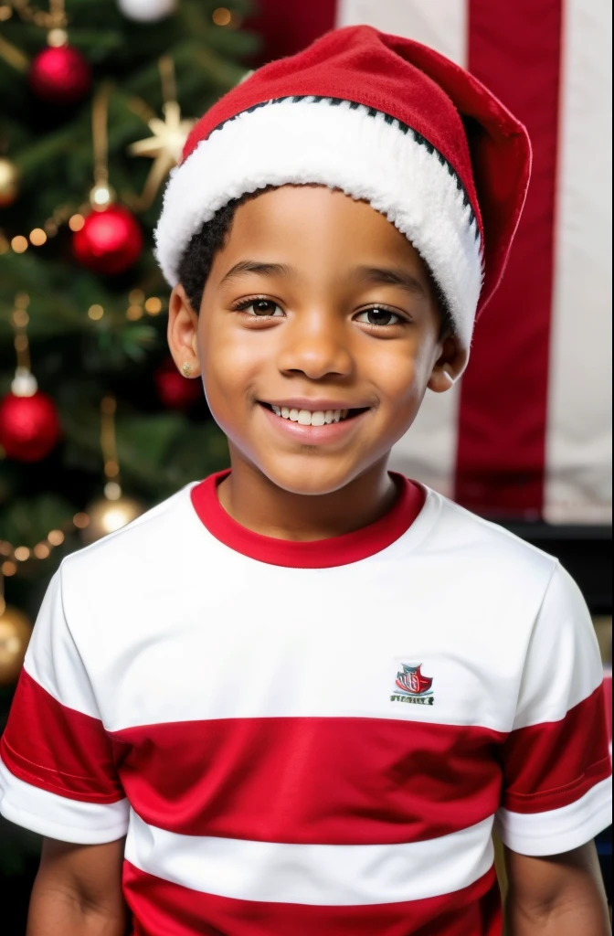 Um menino africano, menino de pele preta, menino de pele escura, menino de angola, 11 anos de idade, wearing a Santa hat in a completely white studio, o menino de 11 anos de idade angolano com o gorro de natal, holds a big white box of gifts and is happy about it, o menino africano tem cabelo crespo, cabelo du8ro, cabelos encaracolados, o menino de pele escura, africano angolano de tshirt branca e gorro de papai noelusa uma tshirt toda branca sem desenhos.