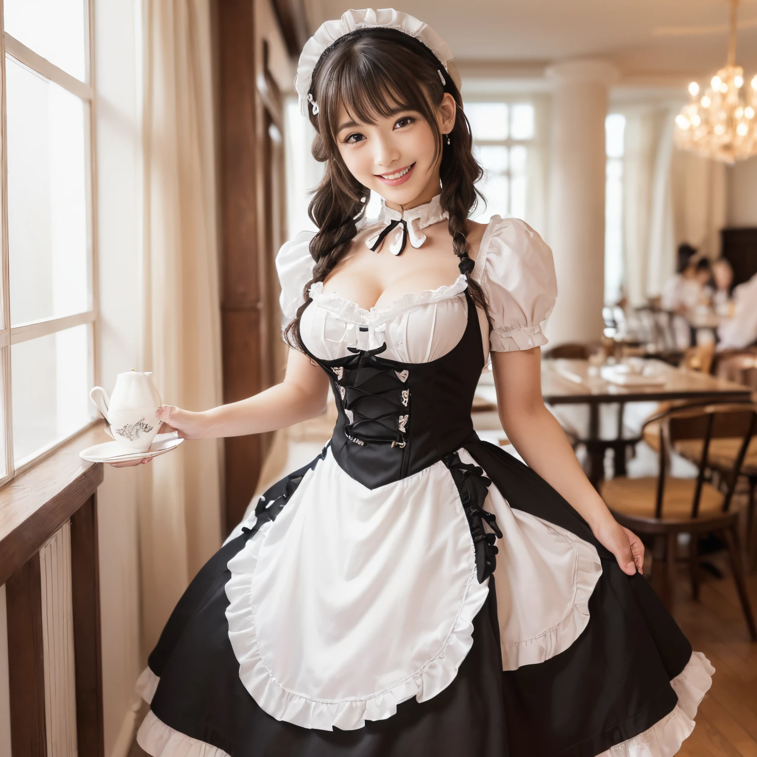 (((Best Quality, masutepiece, 超A high resolution、The most complex and detailed depictions、awardwinning, 8K)))、(1 Beautiful Maid、Half Japan and half Spanish in one、A detailed face、Perfect fingers、Elegant standing figure、welcome me、detailed cafe interior、i&#39;M from the maid cafe、Maid Cafe)、(Gorgeous Victorian Maid Dresses、Black and white maid outfit with luxurious long skirt、Huge black and white maid dress、Black and white maid dresses、Black and white maid dresses、with frills、Big apron and black and white maid outfit)、((It is a perfect maid cafe with a detailed background...、Maid Cafe、A cafe with a stylish and calm atmosphere、detailed maid cafe background、Complete reproduction of every detail of the maid cafe、Very complex and detailed background、Crisp and detailed background、Highly complex and detailed textures、Highly detailed hairstyles))、(Emphasize body lines、[large full breasts],stares at the camera、beautiful smiling face、Big smile、White and clean teeth、Looking at the camera)