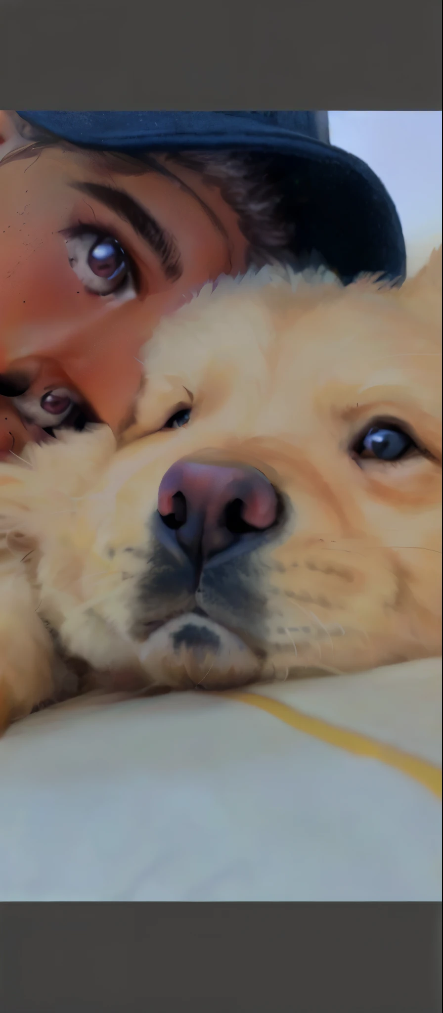 There is a man who is holding a dog on the ground, com olhos bonitos, com nariz pequeno, aw, selfie of a dog, nariz bonito, rosto muito detalhado, with his hyperactive little dog, fechar Potrait, fechar o rosto, prolongado, muito perto - tiro acima, aw, close up no rosto