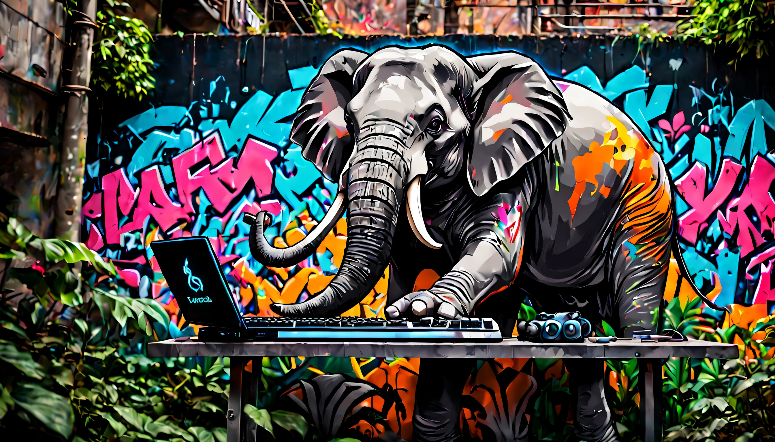 Graffiti style anime style, adventurer elephant, dense jungle, holding a LED gaming keyboard. Street art, vibrant, urban, detailed, tag, mural, high quality photography, 3 point lighting, flash with softbox, 4k, Canon EOS R3, hdr, smooth, sharp focus, high resolution, award winning photo, 80mm, f2.8, bokeh