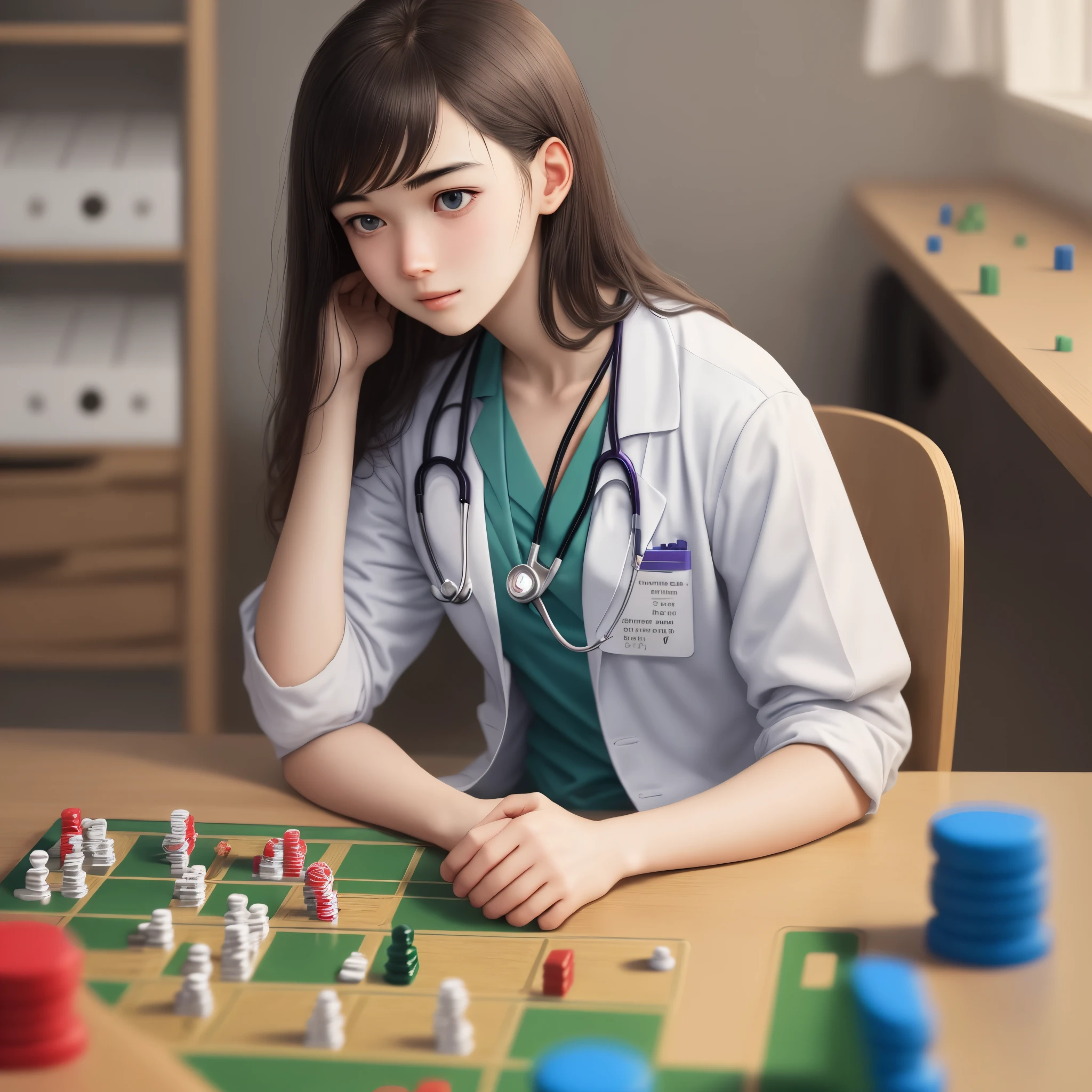 Alone anxious medical student in playing board game