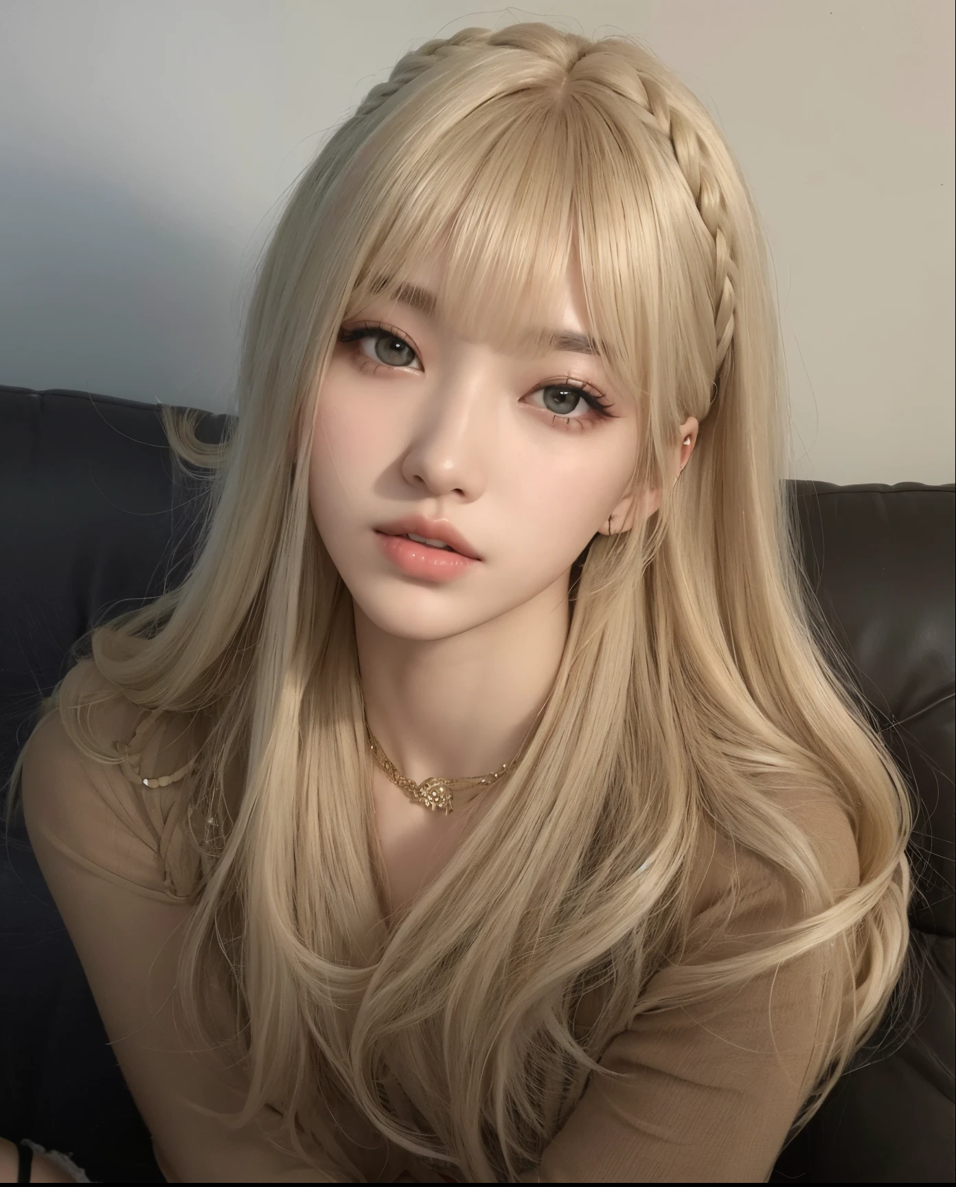 A close-up of a woman with long blonde hair sitting on a sofa., Cabello largo con flequillo completo, Pelo largo con flequillo, Lalisa Manobal, Cabello largo y blanco y flequillo, Lalisa Manoban de Blackpink, ulzzang, Peinado blanco de corte hime, flequillo largo y recto, con flequillo, Cabello limpio con flequillo, con flequillo completo, Flequillo partido en el centro