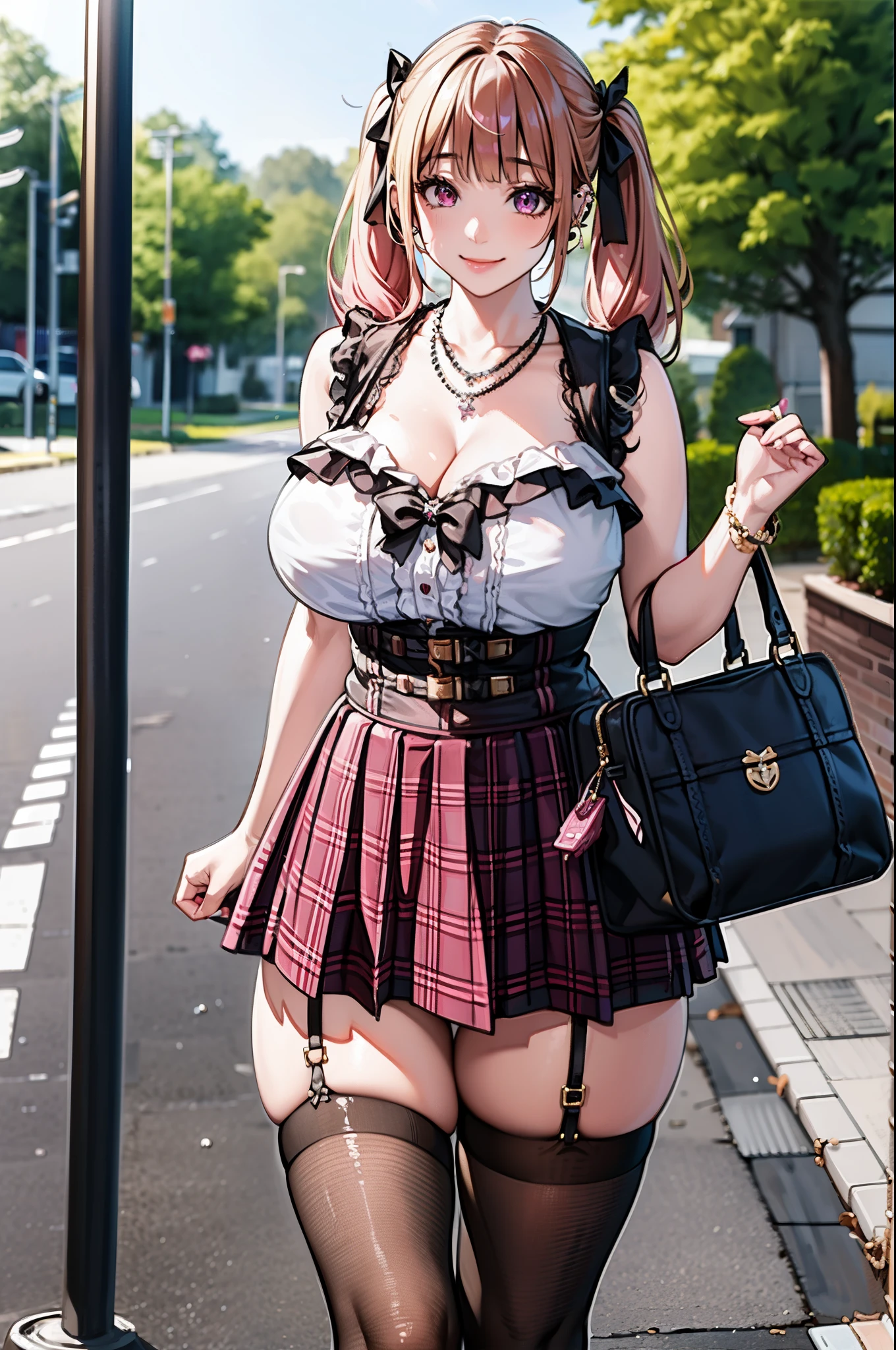 masterpiece, best quality, highres, hs1, light pink eyes, wide hips, thick thighs, upskirt, sleeveless, cleavage, blonde hair, twin tails, blunt bangs, (streaky hair), pink shirt, black thighhighs, micro skirt, plaid skirt, red ribbon, garter straps, huge breasts, outdoors, cowboy shot, standing, handbag, holding money, panties, full smile, looking at viewer, thick thighs, jirai kei, street view, sakura, necklaces, ear piercings