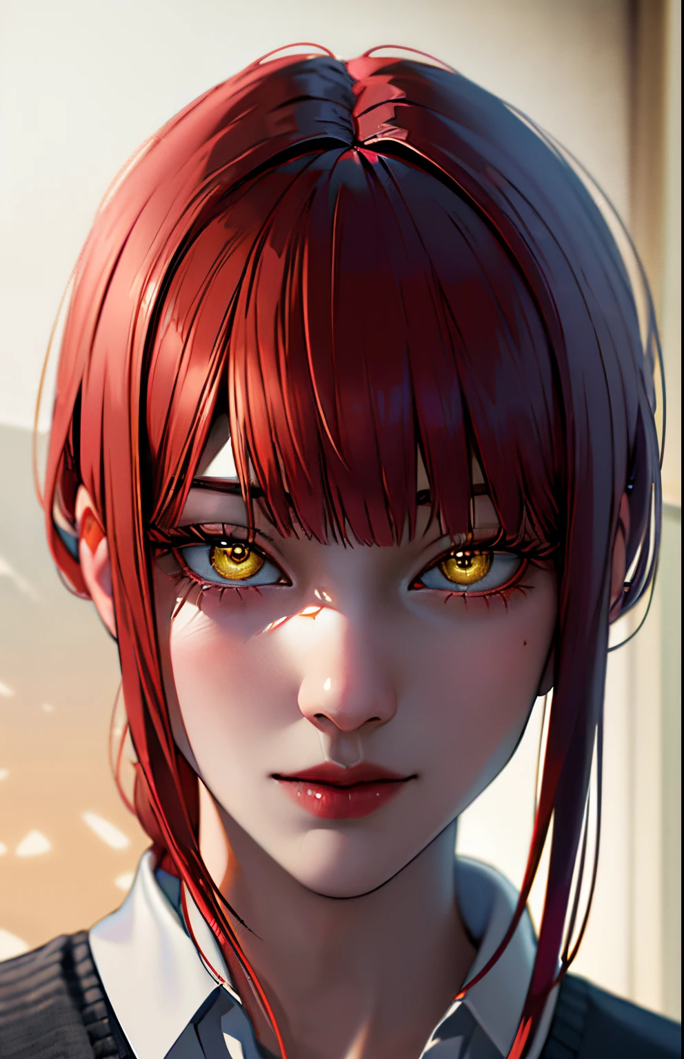 Masterpiece, (Photorealistic:1.4), Best Quality, artful, Demon, Beautiful lighting, makima \(chainsaw man\), (red hair)+(hairlong, braided)+(Bangs), Yellow eyes, golden eyes, (ringed eyes), (white  shirt), (tie),
RAW photo, 8K UHD, Film grain