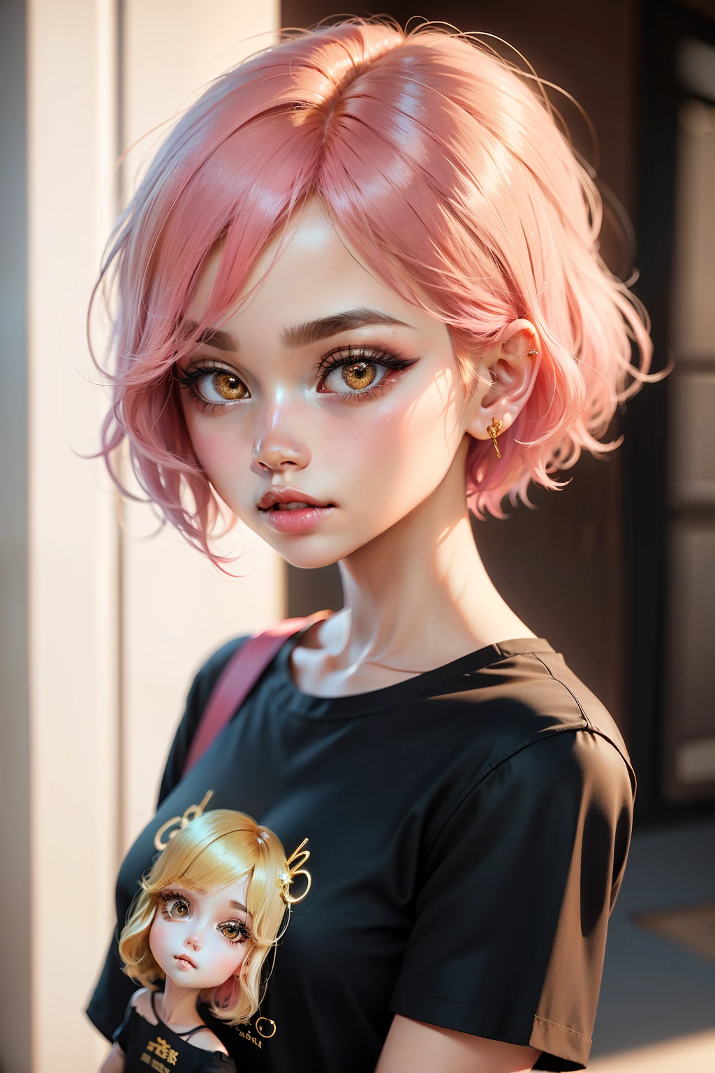 letter, 3D Face Pattern, Sweet and delicate girl, With short dyed hair ,Golden Girl,black makeup,long lashes,Pink T-shirt