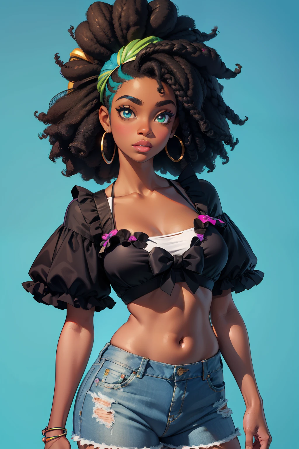 #2melhor qualidade  pele escura+ preto +estilo afro+ pele escura+, cabelos azuis ++, lime green eyes++, Caudas duplas, sorrir++ ((preto afro cabelo pelo azul)), best quality, peito grande, Plump lips++, thick lips++, jeans shorts+, Floral bikini top+, Bow symbol+, grampos de cabelo +HD ×dark black×darker+, Fundo exterior+, sol reluzente+, arm raised+, disco Rigido++, 8k++preto escura++, Alto, coxas grossas+, whole body view