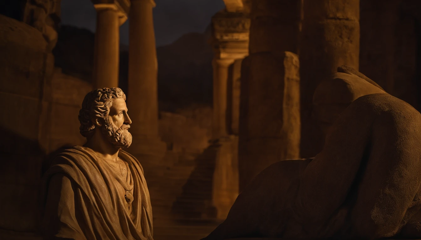 una fuerte estatua griega de un hombre, con barba, feliz, Philosopher style, in low light, ambiente oscuro, en una colina con una ciudad griega en el valle inferior, 8k, realista, Detallado, Obra maestra:1.2, Ultra detallado, Retratos, vivid colors, HDR, Escultura fina, ancient civilisation, Noche