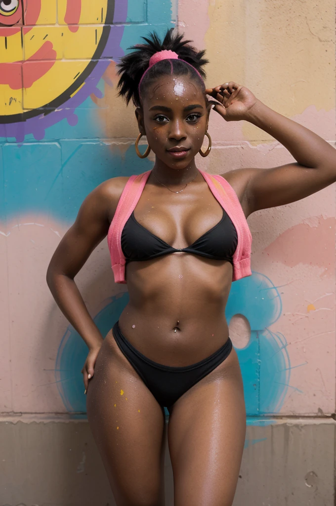 27 year old african woman, laugh, cabello color arcoiris, fondo negro, desnudandose en la calle