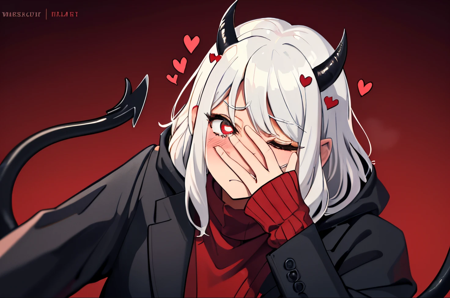 (masterpiece, best quality:1.2), cowboy shot, solo, 1girl, htmodeus, blush, white hair medium short, black horns, daemon tail, hand covering  eyes, eyes tightly closed, expression of frustration, heart-shaped pupils, formal, black jacket, red sweater, turtleneck, sleeves past wrists, black skirt, red pantyhose