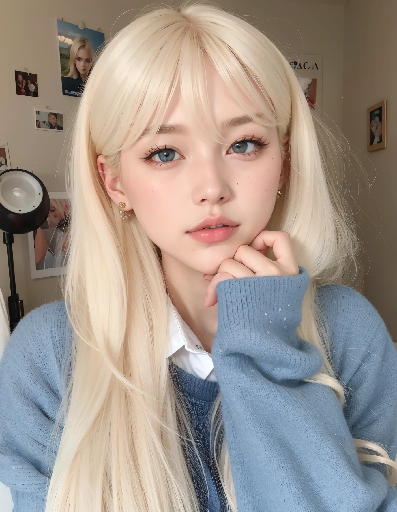 a close-up of a person with long blonde hair and a blue sweater, longos cabelos brancos e franja, branco hime corte penteado, Ulzzang, extremely pale blond hair, Lalisa Manobal, franja branca, menina perfeita de cabelos brancos, com cabelos longos brancos, very very pale blond hair, com longos cabelos brancos, longos cabelos loiros e olhos grandes