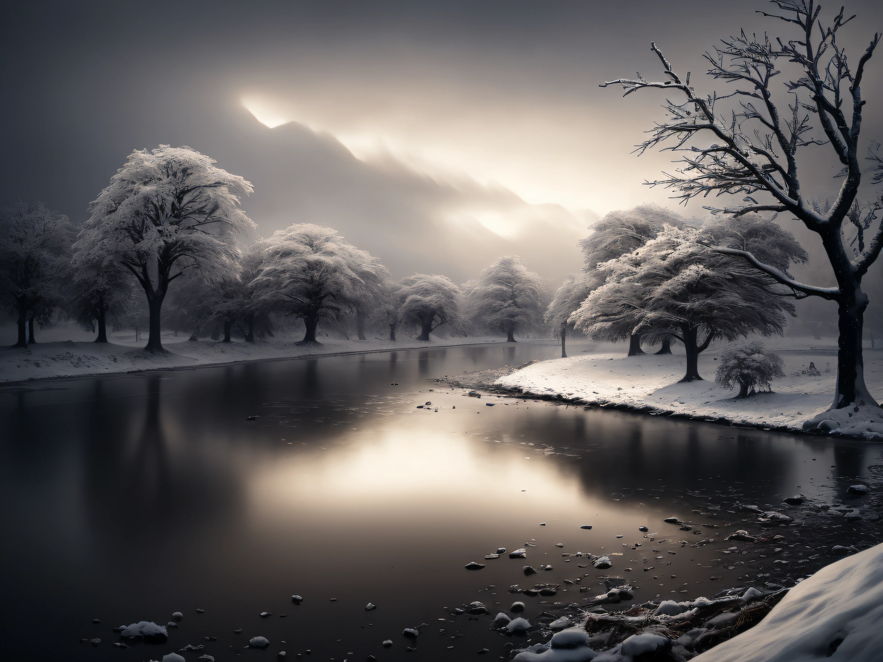 After the war, Dead Silent Landscapes, Game of Thrones, Winter coat, winter, heavy snowfall, En plein air, Smoke and War, Gloomy, Gloomy sky, landscape, Frozen water, Withered trees, award-winning photo, bokeh, Depth of field, HDR, bloom, Color aberration, Realism, Very detailed, trends on ArtStation, Trends on CGSociety, Intricate, high detail, dramatic, intermediate art, Cinematic lighting, Verism, UHD, 16k, Best Quality, hiquality, hight resolution, Masterpiece, super detaill