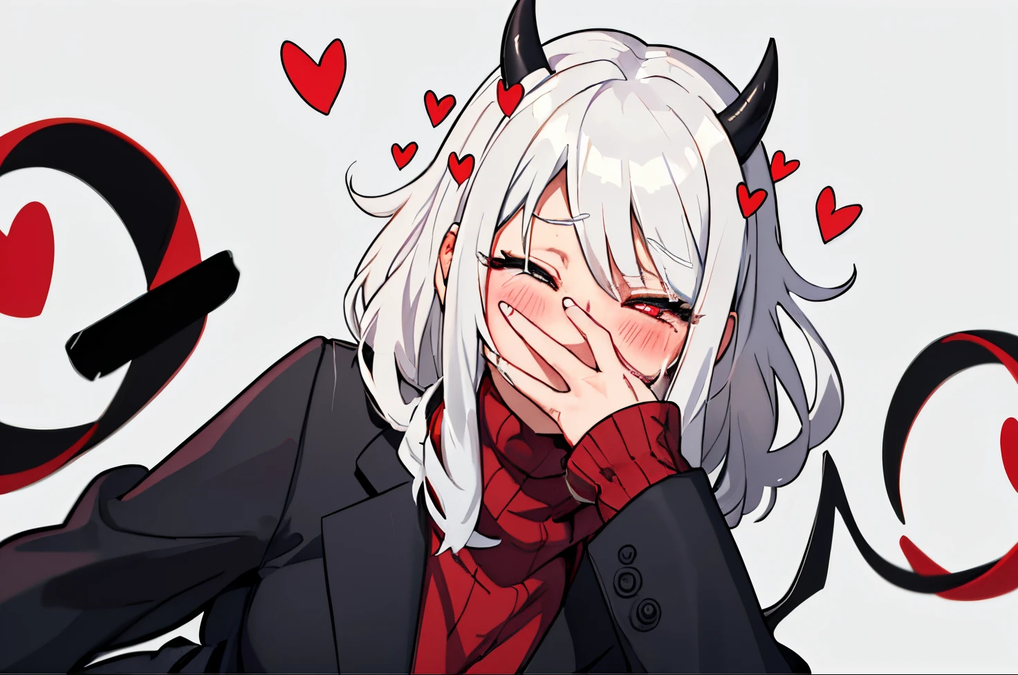 (masterpiece, best quality:1.2), cowboy shot, solo, 1girl, htmodeus, blush, white hair medium short, black horns, daemon tail, hand covering  eyes, eyes tightly closed, expression of frustration, heart-shaped pupils, formal, black jacket, red sweater, turtleneck, sleeves past wrists, black skirt, red pantyhose