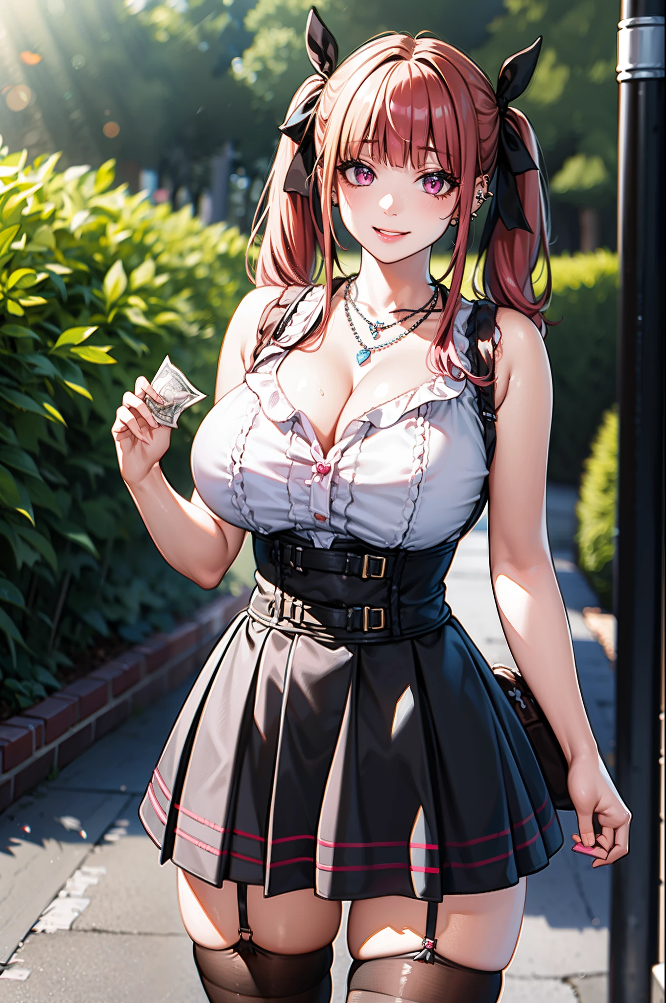 masterpiece, best quality, highres, hs1, light pink eyes, wide hips, thick thighs, upskirt, sleeveless, cleavage, blonde hair, twin tails, blunt bangs, (streaky hair), pink shirt, black thighhighs, micro skirt, plaid skirt, red ribbon, garter straps, huge breasts, outdoors, cowboy shot, standing, handbag, holding money, panties, full smile, looking at viewer, thick thighs, jirai kei, street view, sakura, necklaces, ear piercings