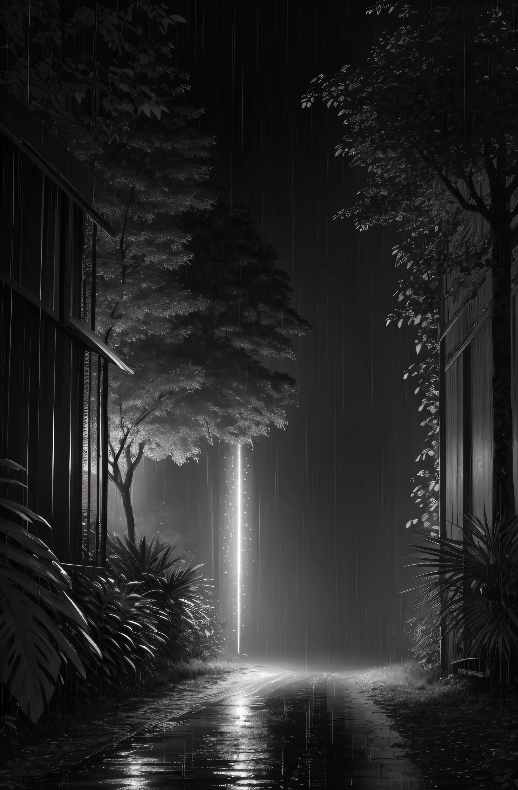 Jungle, with intense rains, monochrome, vines around, giant and wet trees, masterpiece, best quality, high quality, extremely detailed CG unity wallpaper 8k, oil painting, award-winning photography, bokeh, depth of field, HDR, flowering, chromatic aberration, photorealistic, very detailed, popular on artstation, popular in CGsociety, complex, high detail, dramatic, art in the middle of the road, volumetric lighting
