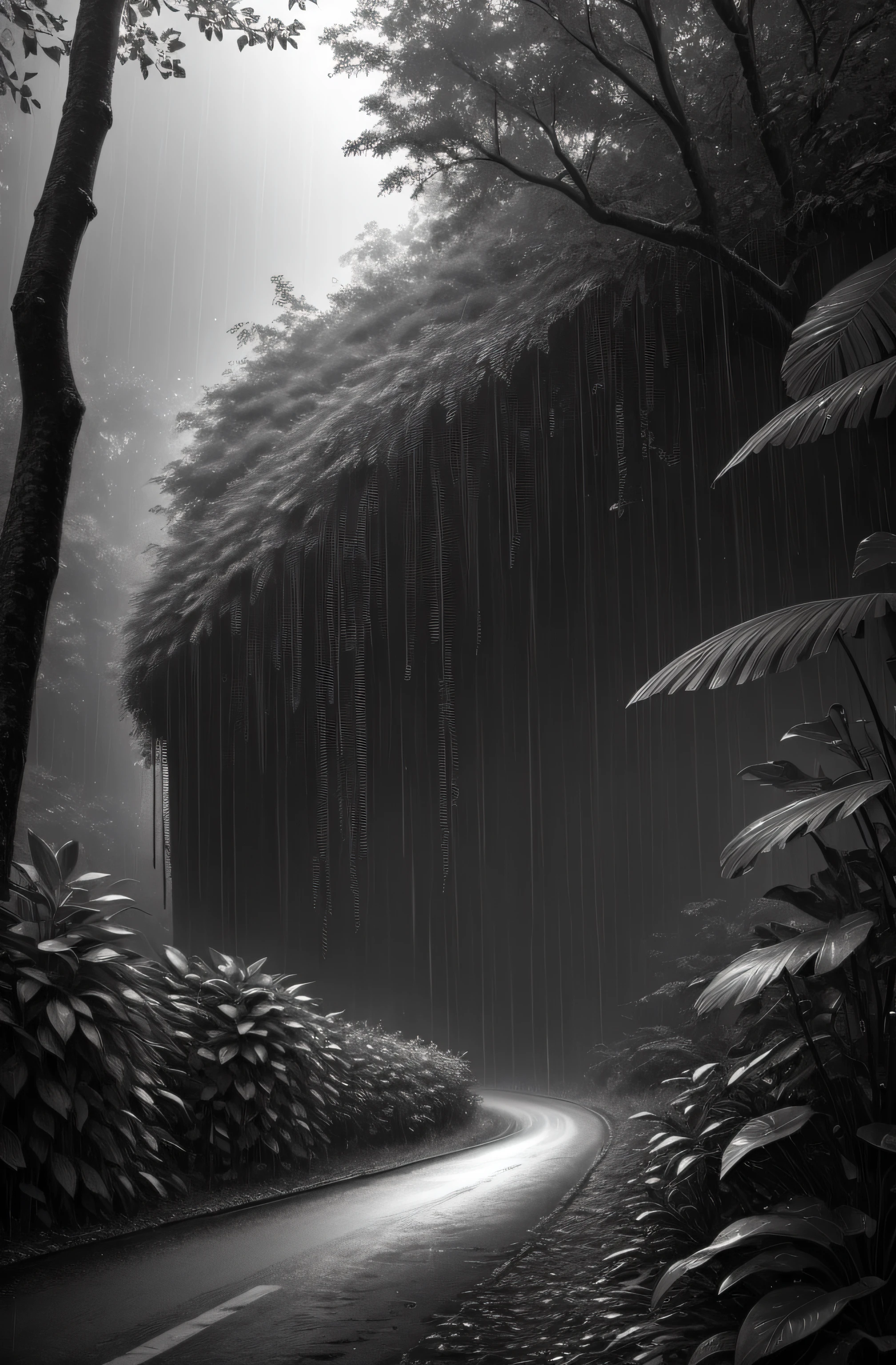 Jungle, with intense rains, monochrome, vines around, giant and wet trees, masterpiece, best quality, high quality, extremely detailed CG unity wallpaper 8k, oil painting, award-winning photography, bokeh, depth of field, HDR, flowering, chromatic aberration, photorealistic, very detailed, popular on artstation, popular in CGsociety, complex, high detail, dramatic, art in the middle of the road, volumetric lighting