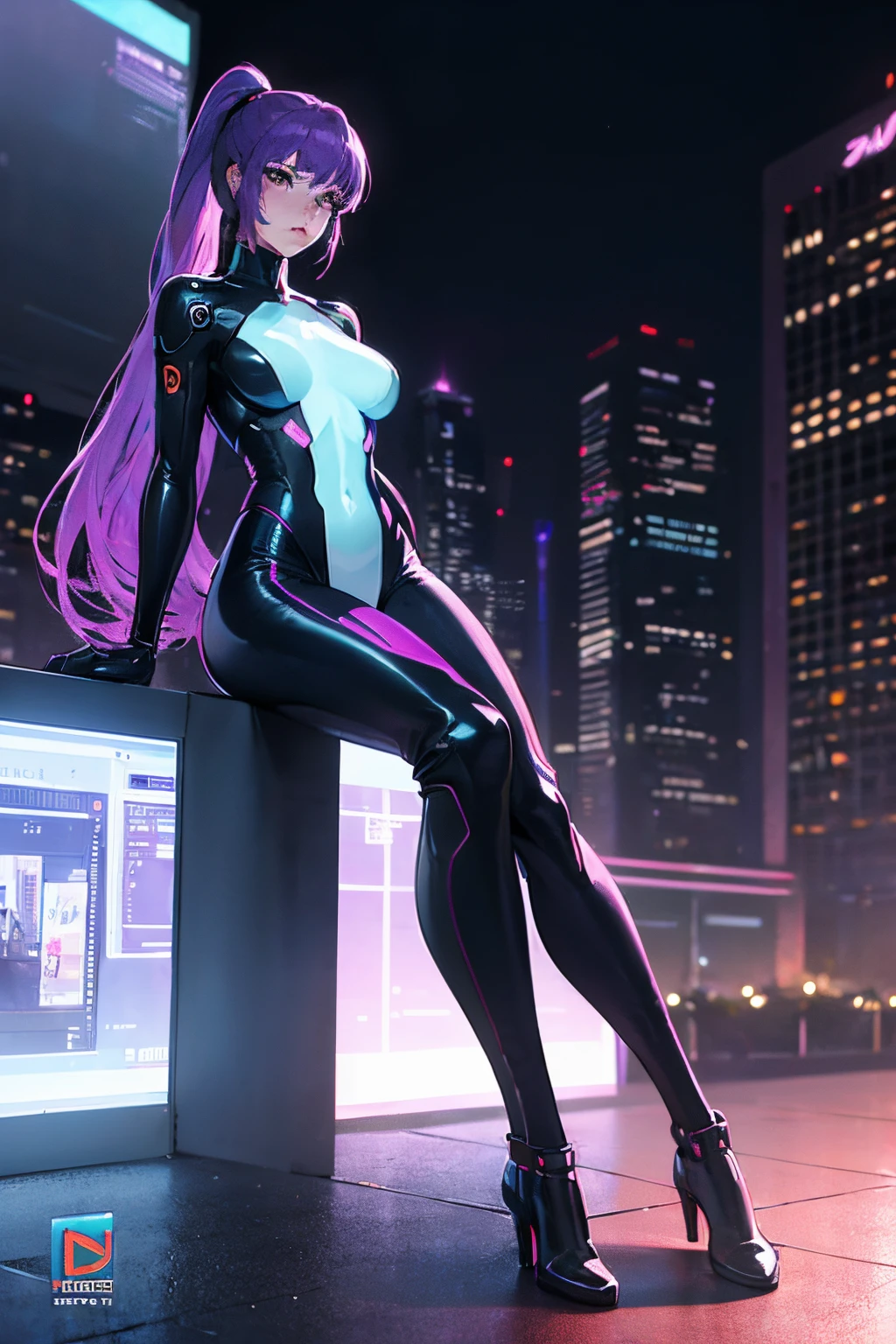 (best quality,4k,8k,highres, masterpiece:1.2),ultra-detailed (realistic, photorealistic,photo-realistic:1.37), beautiful young Japanese woman, federal agent, Maj. Akiho “Acky” Kusanagi, cyborg, long purple hair in a ponytail, sift violet eyes, athletic build, big bouncing breasts about a D-cup, wearing a skin-tight full bodysuit, Ghost in the Shell: Stand Alone Complex style, portraits, humanoid, cyberpunk neon lights, vivid colors, modern urban backdrop, advanced technology, urban landscape, sharp focus, high contrast, anatomically correct, ethereal atmosphere, sleek design, futuristic style, street fashion, square pixel art style, luminous glow, full body