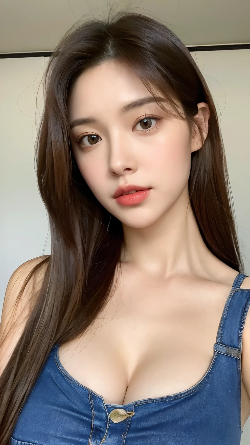 （Lifelike， hight resolution：1.3）， 1 girl with a perfect body， super fine face and eyes，length hair， Tank top of random colors：1.2， Short jeans， Big boob，Expose cleavage