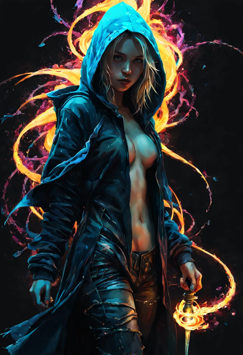 full body, masterpiece, rebel girl, hooded, blonde hair, shrouded in shadows, holding a flaming dagger in each hand, bright and vibrant abyssal colors, fully framed, radiating electrical energy, messy shoulder length hair, full body , Beautiful Girl anime style waifu, hyper detailed painting, luminism, concept art by Carne Griffiths and Wadim Kashin, 8k resolution, fractal isometric details, bioluminescence, 3D rendering, octane rendering, intricately detailed, cinematic, art station trend. Stunning hyper-realistic isometric-focused cover photo. Full color, hand drawn, gritty, realistic, intricate, definition of success, cinematic, sketch, bold lines, on paper, vibrant, epic, ultra high quality model.