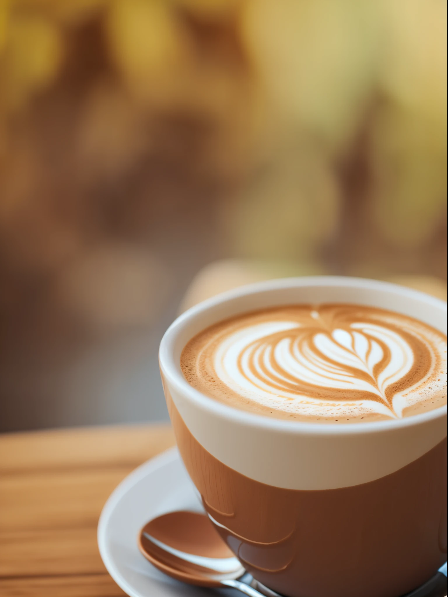 Warm coffee, art latte, cup, terrace, sunny day, cute furniture, hyper-realistic, photo realism, cinematography --auto --s2