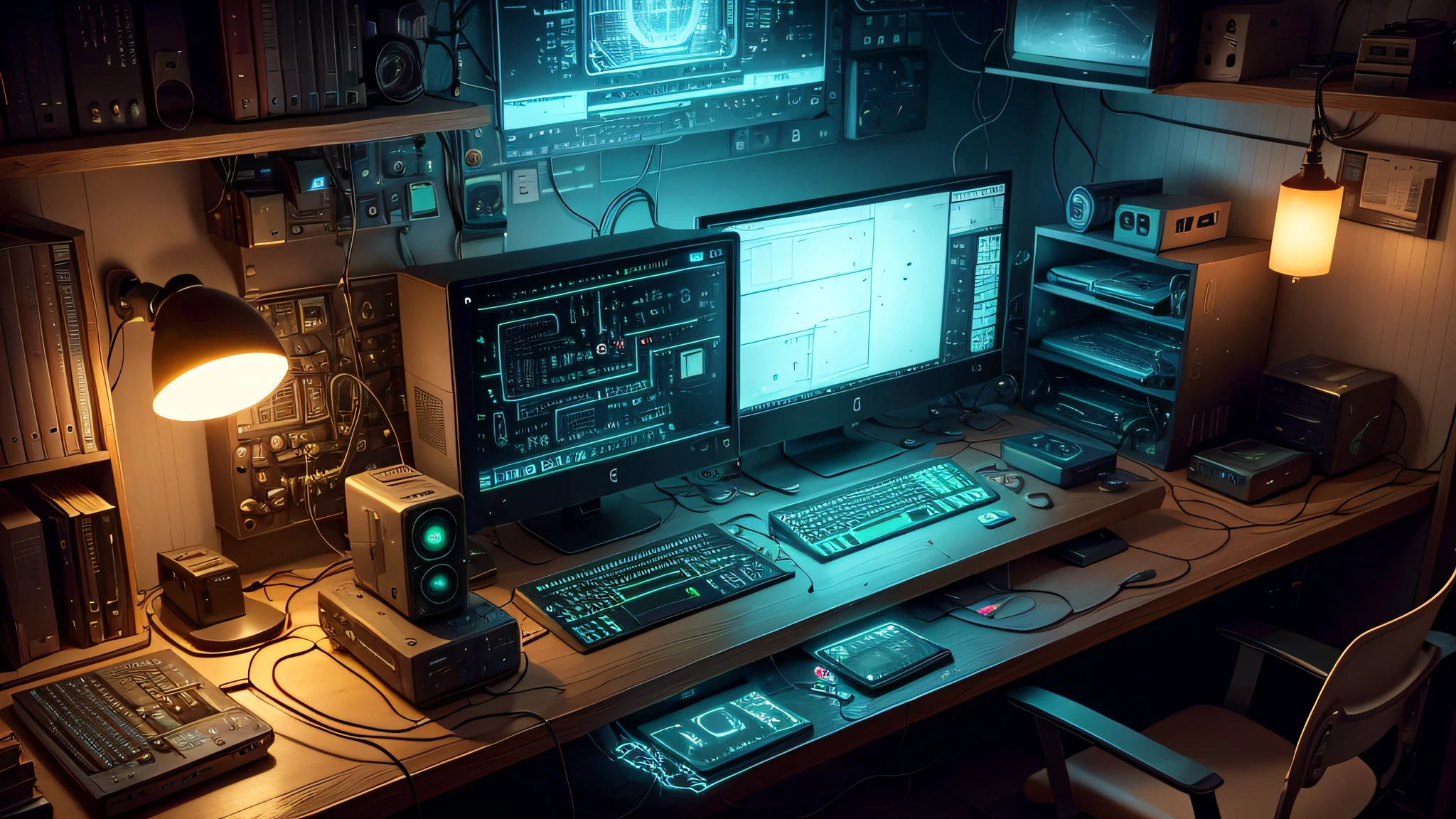 Computers and wires and circuit boards and lights,