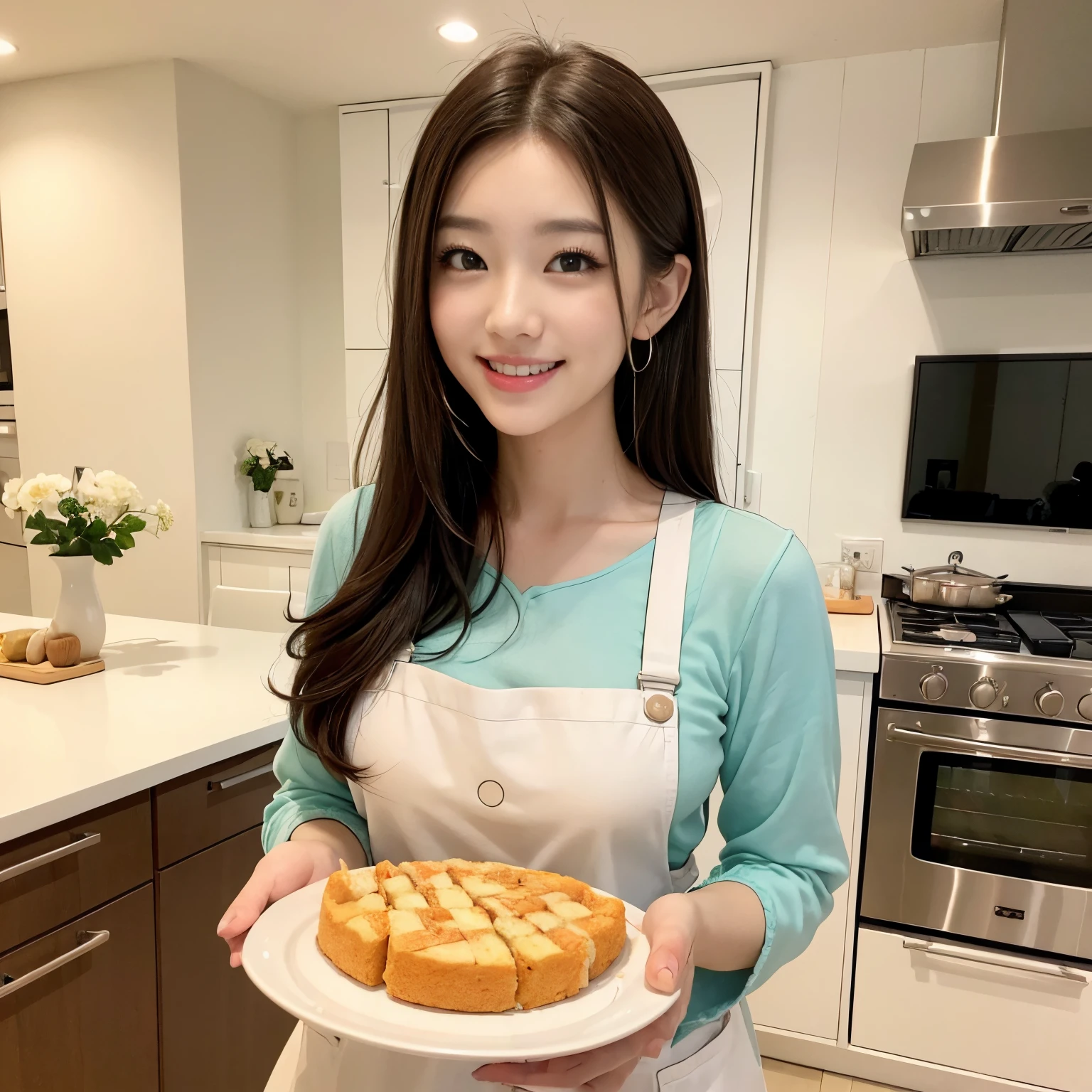 ((masutepiece、top-quality、Highly complex and detailed depictions))、1 Japan Beauty、cozy and clean kitchen、making a cake、While making a cake、some fruits、bowl、tray、sweets making equipment、pinafore、perfect hand、The biggest smile staring at the camera、Slimed、Emphasize body lines、A detailed face、Super sophisticated ovens and cookware、Vibrant colors、Cozy lighting, Detailed and perfect kitchen、Beautiful teeth、face perfect、Crisp face、perfect hand