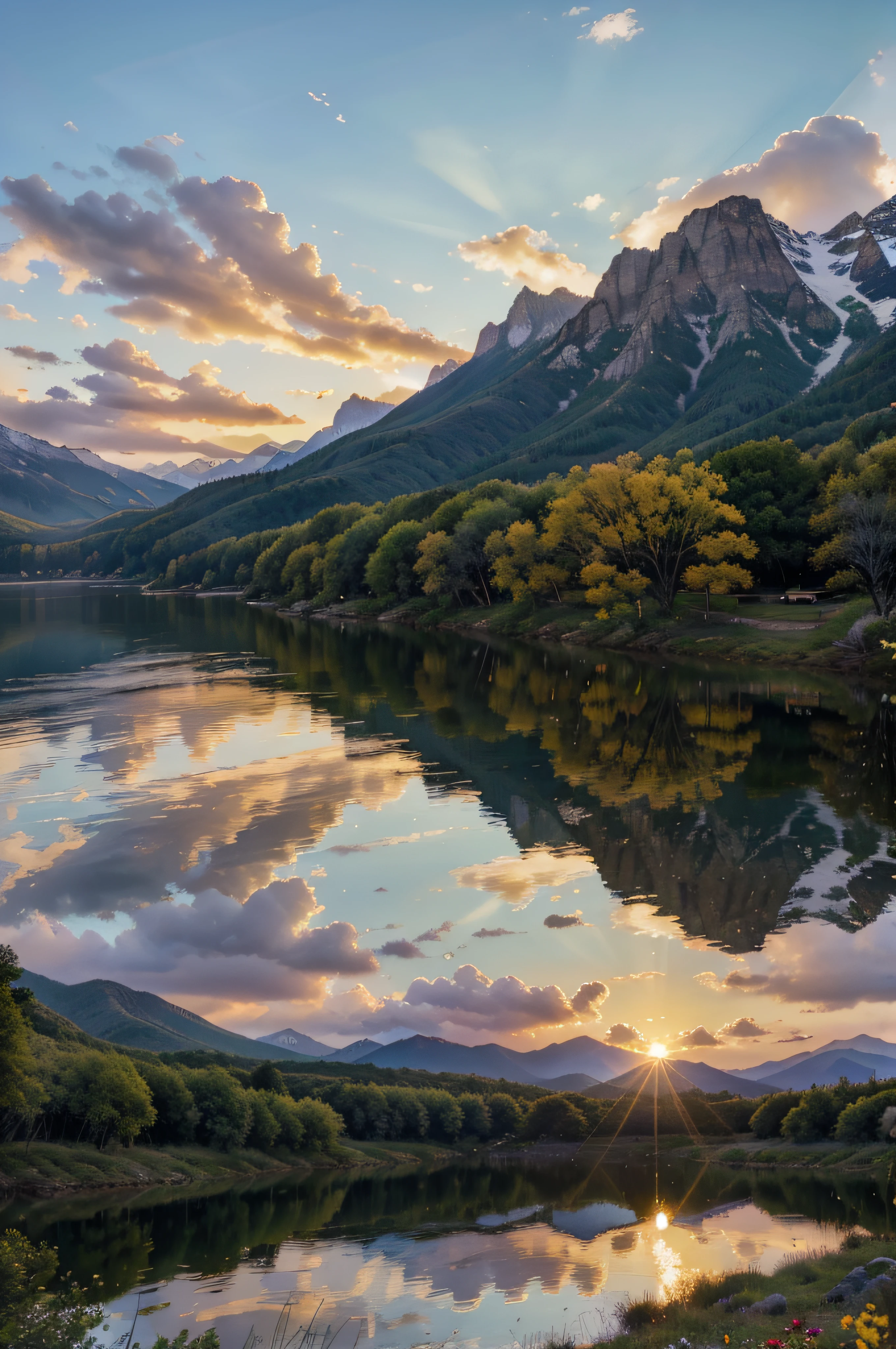 (best quality,highres,masterpiece:1.2),vibrant sunset over lush and vibrant nature,scenic landscape,serene and breathtaking view,beautifully detailed clouds,rich and warm colors,soft and golden sunlight,picturesque and idyllic setting,tranquil and peaceful atmosphere,splendid and awe-inspiring scenery,sun rays piercing through the trees,pristine and untouched wilderness,endless horizons and vast open spaces,harmonious blend of greenery and vibrant hues,radiant and stunning natural beauty,vivid and vividly colored flowers,spectacular and dramatic sky,majestic and towering mountains,southwestern-inspired landscape,serene and reflective water,body of water reflecting the vibrant sunset,rustic and charming cabin nestled among the trees,majestic and graceful birds soaring in the sky,silhouette of wildlife in the distance,melancholic and dreamy ambiance.