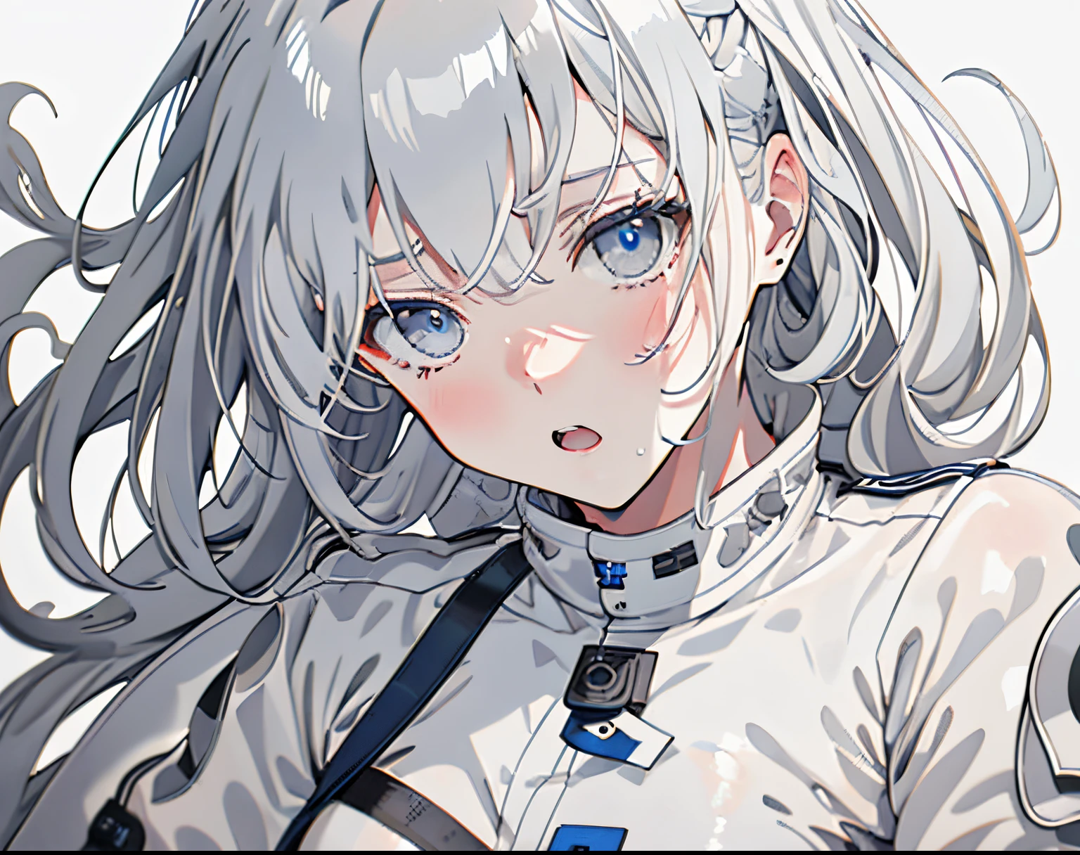 【Highest Quality, masutepiece】 [girl, Manteau, expressioness, blue eyes, front facing, White hair, Jacket comes off, Upper body] (Gray white background:1.7), Surprised, Sheer, Wet, wet dripping hair, wet hair,