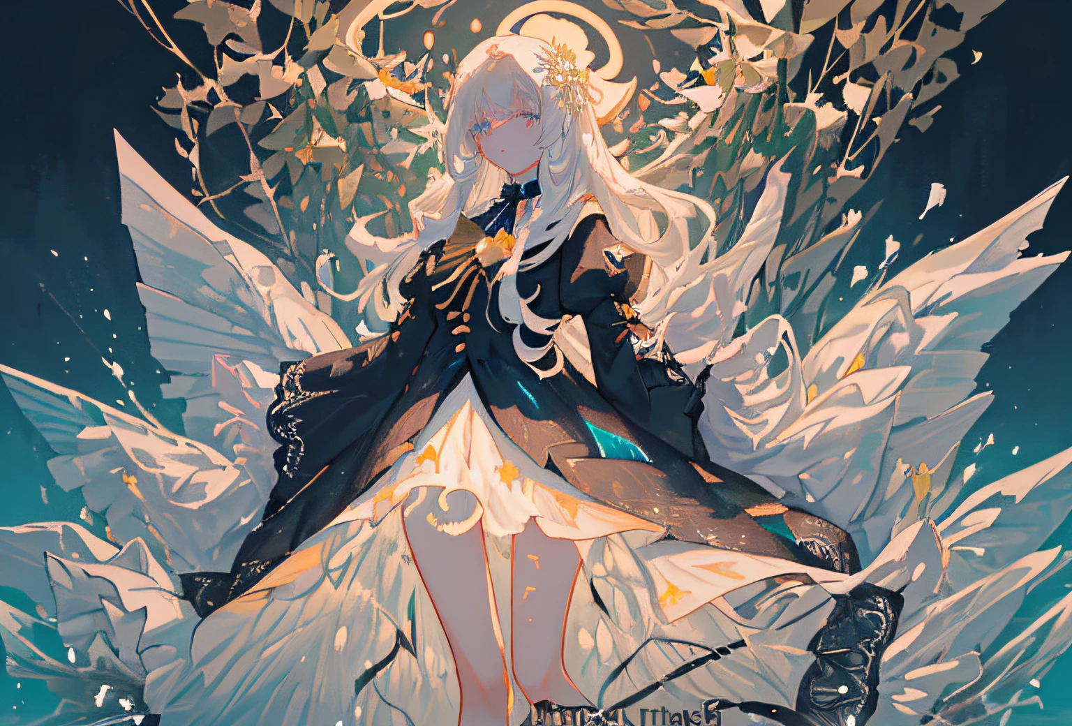 masterpiece, illustration, best quality, highly detailed, 1girl, full body, an extremely delicate and beautiful, starry detailed water, detailed ice, black ribbon, Flowery meadow, light leaks, best illustration, beautiful detailed eyes, extremely detailed, flowering shrubs, 8k wallpaper, dynamic angle, extremely detailed CG unity 8k wallpaper, finely detail, beautiful detailed glow, messy long hair, glowing eyes, sunlight, detailed light, highres, beautiful detailed girl, big top sleeves, expressionless, beautiful and delicate water