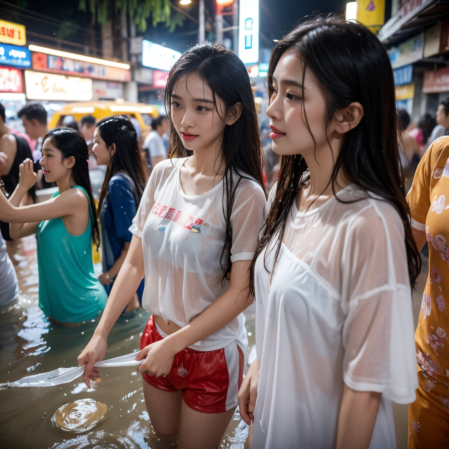 Songkran, wet street party, soaked young girls, drenched, dripping, wet clothes, wet skin, wet hair