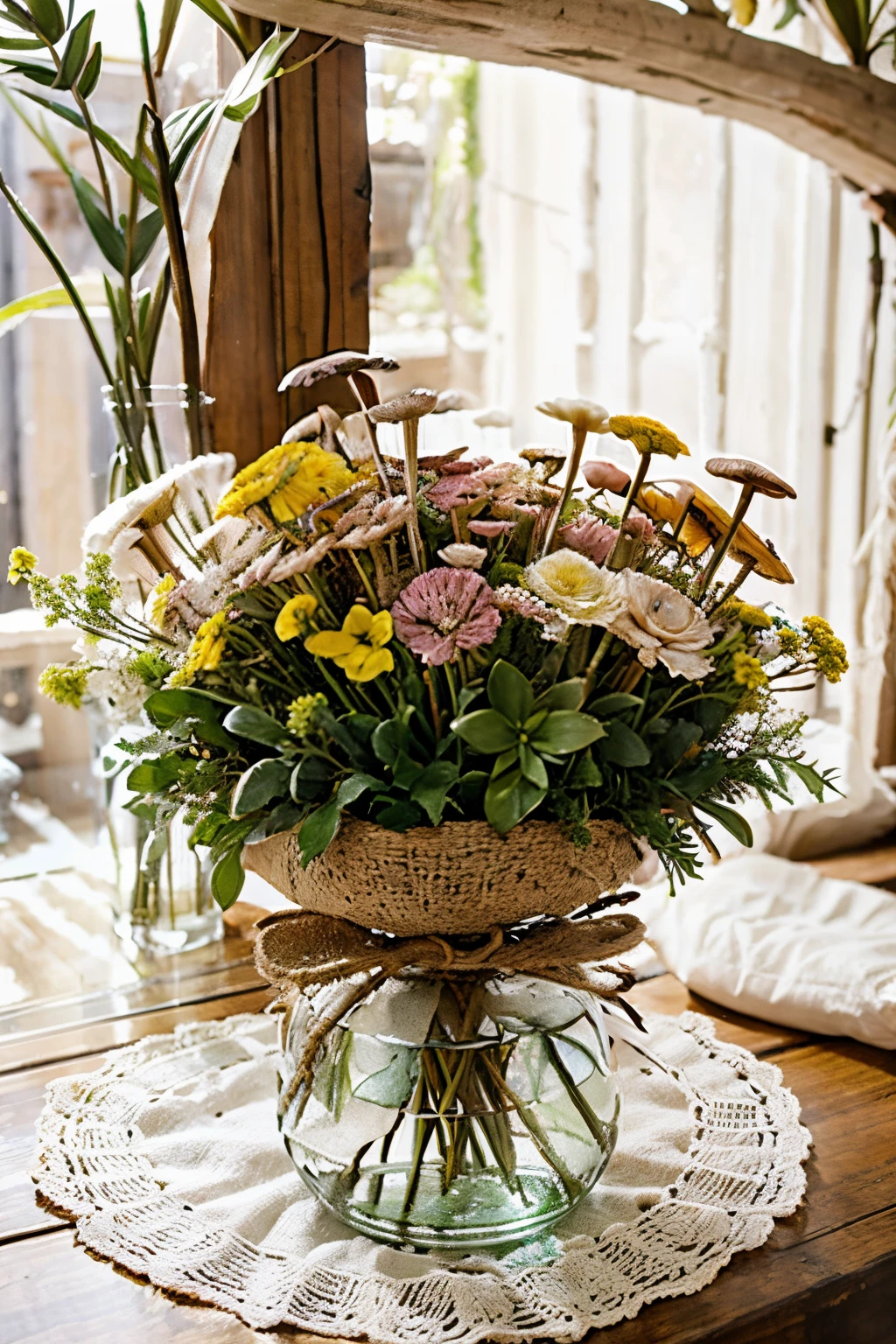 water colour elements, BOHO FLORAL WITH FRESIAS AND FEATHERS and mushrooms and mosses. sage colour scheme