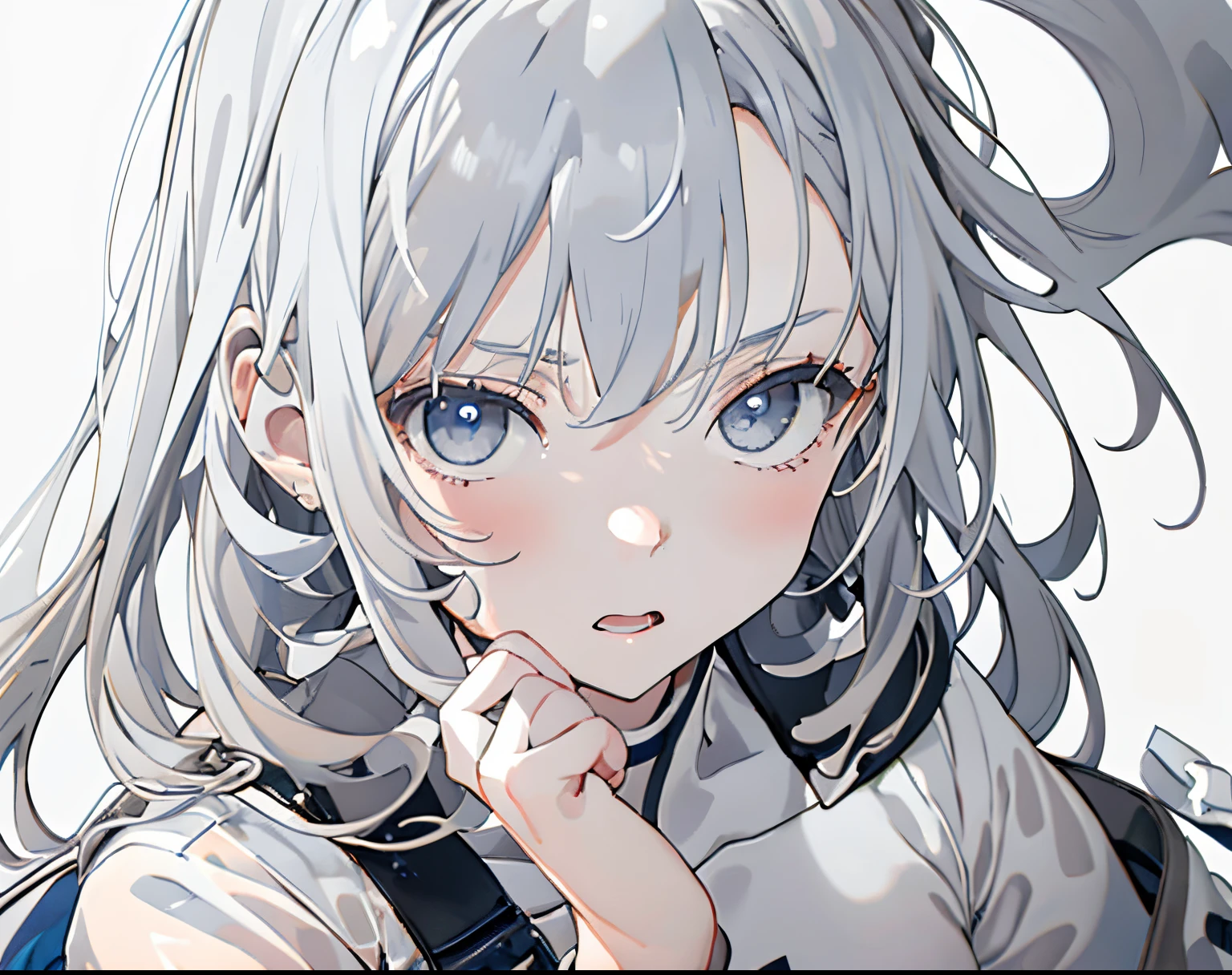 【Highest Quality, masutepiece】 [girl, Manteau, expressioness, blue eyes, front facing, White hair, Jacket comes off, Upper body] (Gray white background:1.7), Surprised, Sheer, Wet, wet dripping hair, wet hair,