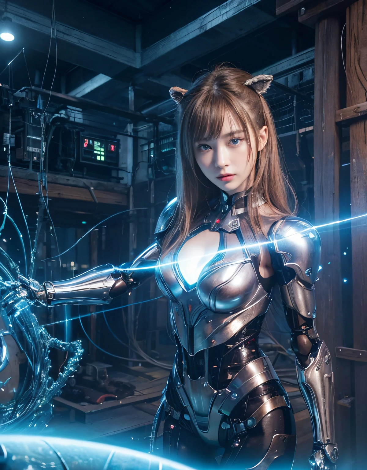 (1 Mechanical Girl)、top-quality、masterpiece、超A high resolution、(Photorealsitic:1.4)、Raw photo、1人、Fight mutants、glowy skin、(((1 Mechanical Girl)))、With a beautiful knife、(Red Metal Bodysuit)、(Fight goblings、ogre、Fierce battle with orcs),(Fight fiercely against aliens)、Fight fiercely、(beautiful forest background)、(Fighting Demonic Beasts)、(Small LED)、((super realistic details))、portlate、(Strong giant demon beast background),globalillumination、Shadow、octan render、8K、ultrasharp、Colossal tits、Raw skin is exposed in cleavage、metals、Details of complex ornaments、Japan details、highly intricate detail、Realistic light、(Mystical expression),CGSoation Trends、Blue eyes、radiant eyes、Facing the camera、neon details、(Mechanical limbs)、(blood vessels connected to tubes)、(Wires and cables connecting to the head)、Small LED、,Mechanical thighs、Toostock、(Hands are also made of machines)、(Attack of the Monster Beasts)、