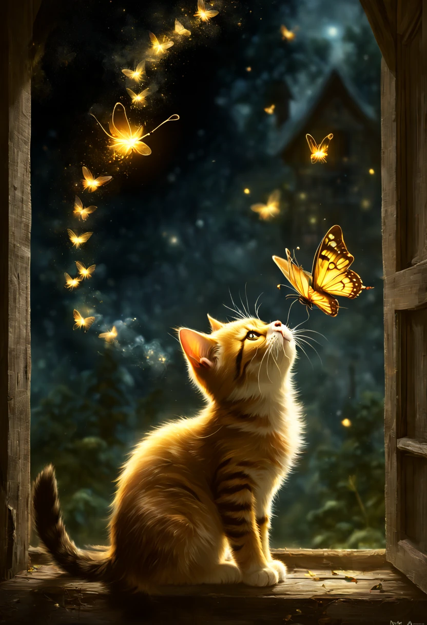 A kitten bathed in moonlight looks at a glowing firefly butterfly, side view, he looks up, ((magic glowing magic smoke and fireflies surround him)) 
and tiny butterflies dance around him, in the window of a village house, a magical night, whimsical, dreamy, fabulous, perfect anatomy, perfect composition, 
((golden ratio)) art MSchiffer, Gabriele Dell'otto, AI Midjourney model