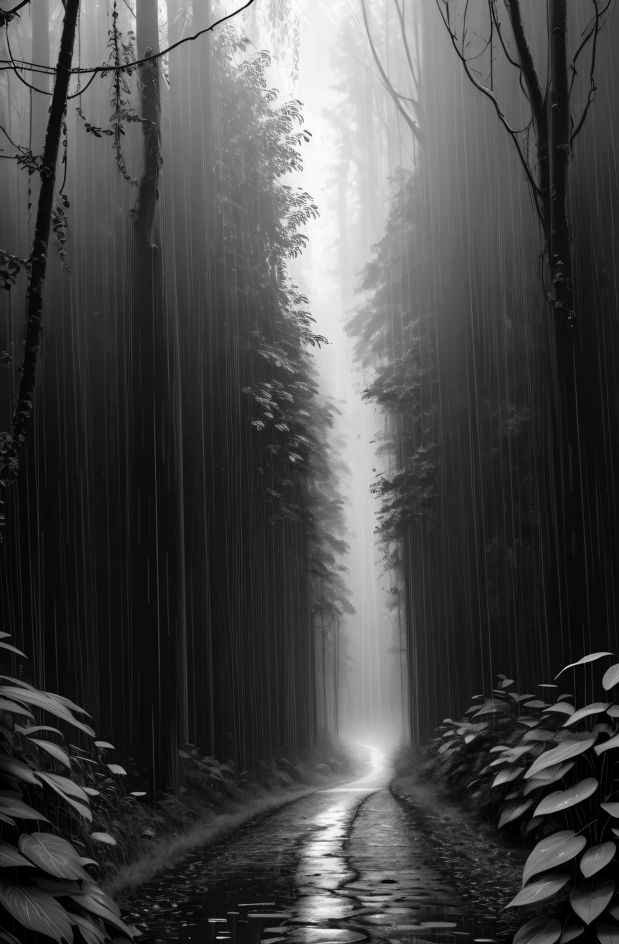 Jungle, with intense rains, monochrome, vines around, giant and wet trees, masterpiece, best quality, high quality, extremely detailed CG unity wallpaper 8k, oil painting, award-winning photography, bokeh, depth of field, HDR, flowering, chromatic aberration, photorealistic, very detailed, popular on artstation, popular in CGsociety, complex, high detail, dramatic, art in the middle of the road, volumetric lighting