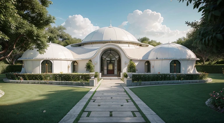 (best quality,photorealistic),(futuristic,high-tech:1.1) technological villa with a white domed roof, garden with many rose plants, white and red roses, pathway with trimmed grass)