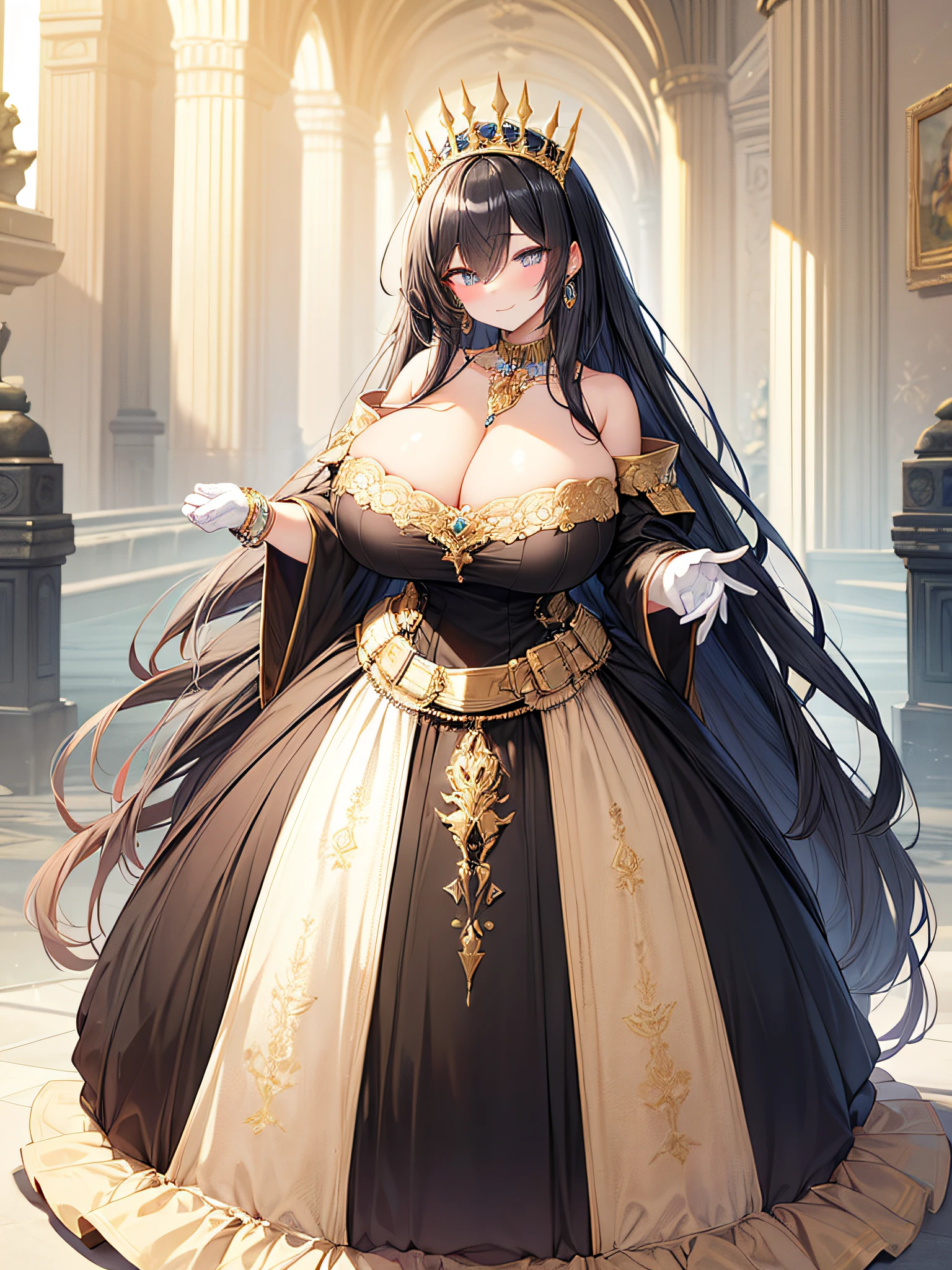 anime artstyle,Masterpiece,(Best Quality), (Super Detail),(Very Delicate and Beautiful),(Solo),((full body portrait)),full body,full body portrait,(detailed face and eyes),jewel-like beautiful eyes,(absolutely gorgeous ruffled black and gold rococo ballgown decorated with jewels),arrogant queen,Purple eyes,(Bangs between eyes),((arrogant,haughty)),(((arrogant smile))),((1 arrogant queen in a beautiful embroidery and jeweled absolutely gorgeous black and gold rococo ballgown with voluminous full length hoop skirt)),((Crinoline)),super detailed absolutely gorgeous rococo black and gold ballgown with frilled voluminous full length hoop skirt,(black Hair,large amount of straight hair,extremely voluminous Very Long straight Hair,Absolutely Long Straight Hair),((gigantic boobs,skindentation)),cleavage,(fantasy castle,outdoors,outside the castle),long_gloves,extremely gorgeousfull jeweled hair ornament,bling-bling extremely gorgeousfull jeweled tiara,((luxurious jewelry)),full body portrait