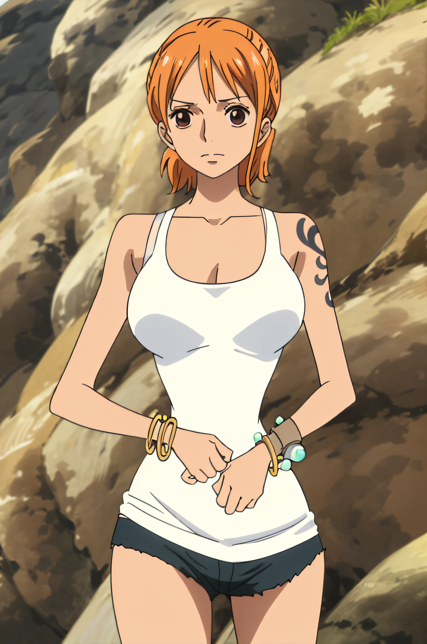 namicasual, short shorts, short ponytail, white tank top, 1girl, solo, short hair, large breasts, cleavage, brown eyes, jewelry, orange hair, bracelet, tattoo, bangle