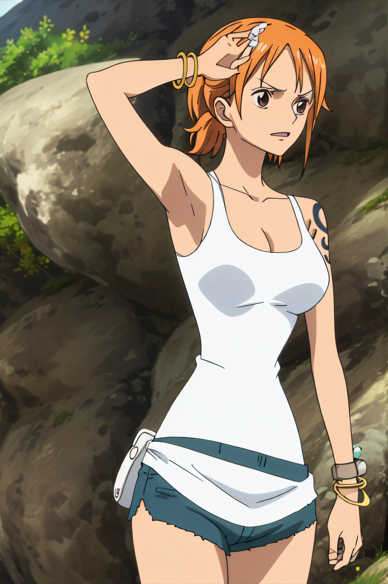 namicasual, short shorts, short ponytail, white tank top, 1girl, solo, short hair, large breasts, cleavage, brown eyes, jewelry, orange hair, bracelet, tattoo, bangle, armpits