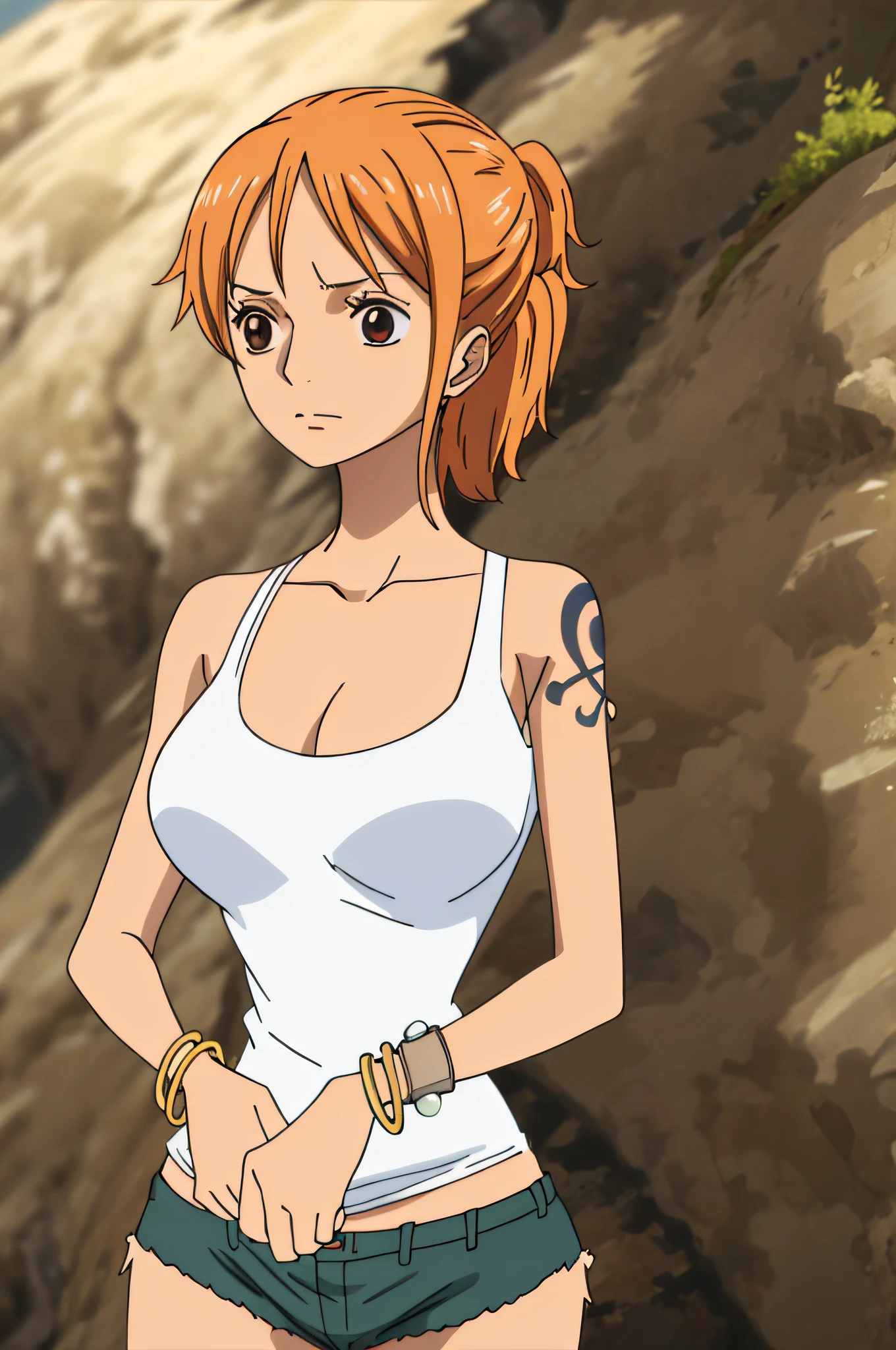 namicasual, short shorts, short ponytail, white tank top, 1girl, solo, short hair, large breasts, cleavage, brown eyes, jewelry, orange hair, bracelet, tattoo, bangle, armpits