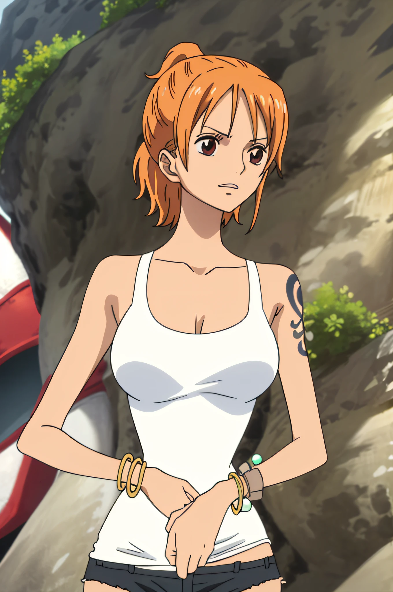 namicasual, short shorts, short ponytail, white tank top, 1girl, solo, short hair, large breasts, cleavage, brown eyes, jewelry, orange hair, bracelet, tattoo, bangle, armpits