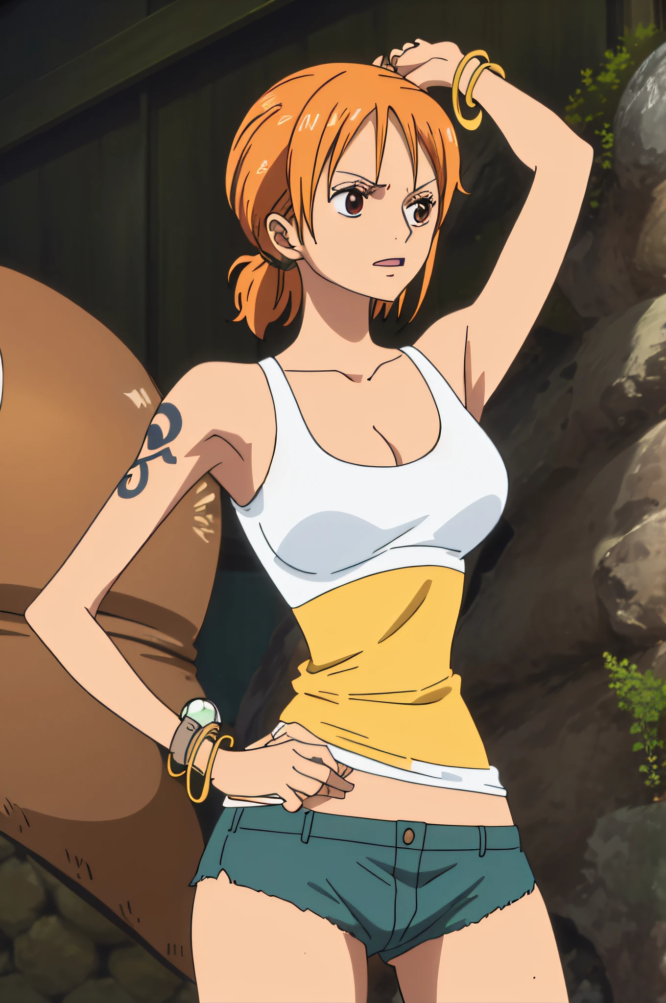 namicasual, short shorts, short ponytail, white tank top, 1girl, solo, short hair, large breasts, cleavage, brown eyes, jewelry, orange hair, bracelet, tattoo, bangle, armpits