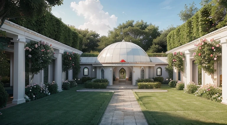 (best quality,photorealistic),(futuristic,high-tech:1.1),(panoramic perspective view), technological villa with a white domed roof, garden with many rose arbust overall, white and red roses, pathway with trimmed grass)