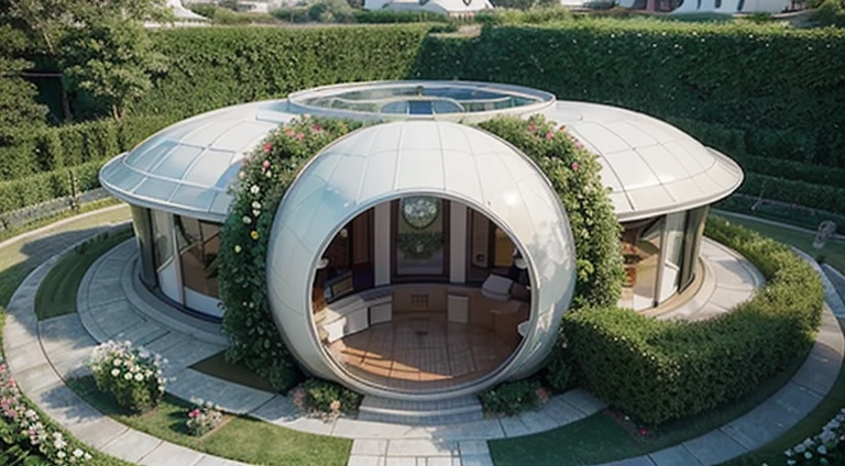 (best quality,photorealistic),(futuristic,high-tech:1.1),(panoramic perspective view), technological villa with a white domed roof, garden with many rose arbust overall, white and red roses, pathway with trimmed grass)